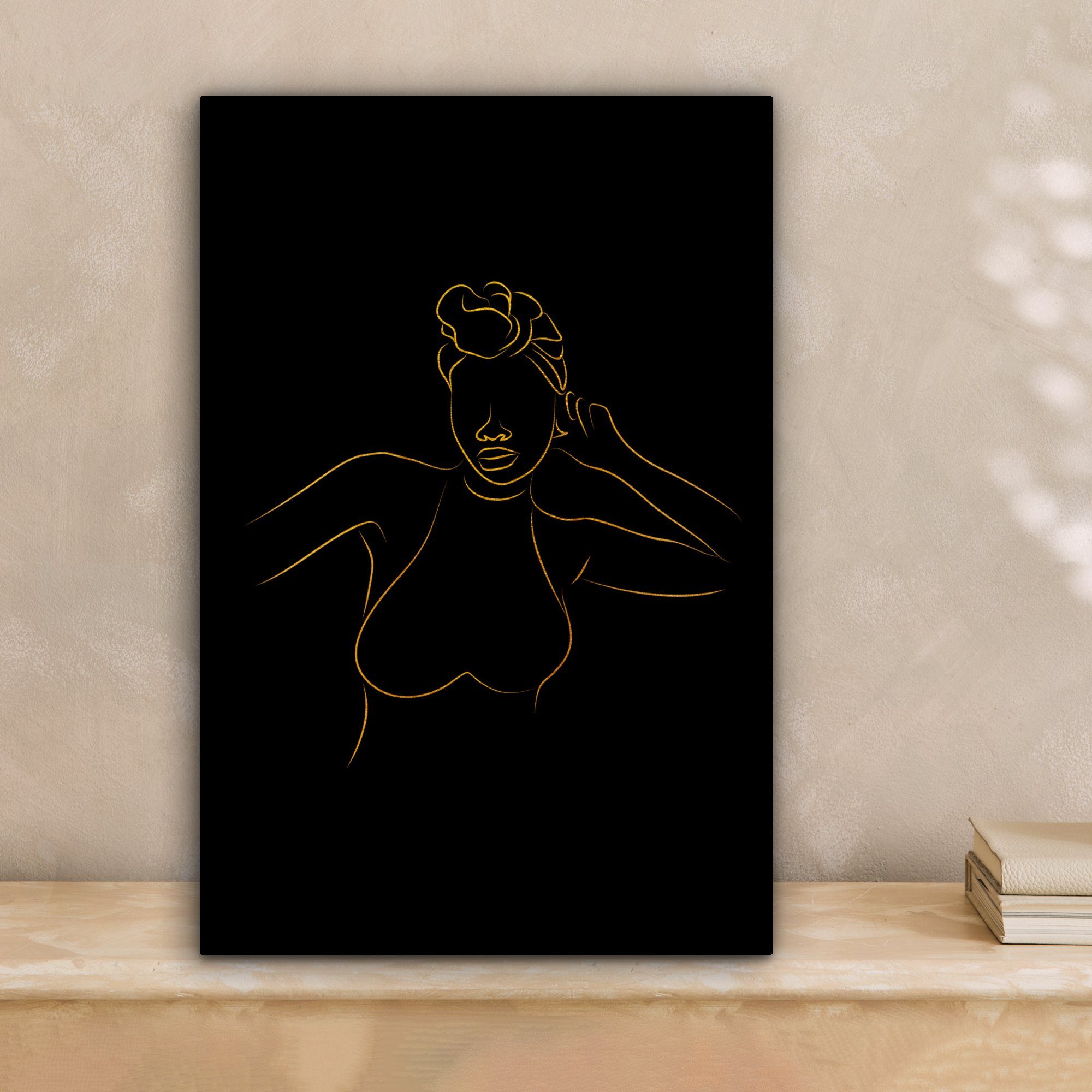 OneMillionCanvasses® St), Leinwandbild inkl. - 20x30 - Schwarz Gold Leinwandbild Strichzeichnung, fertig cm bespannt Frau (1 Gemälde, Zackenaufhänger, -