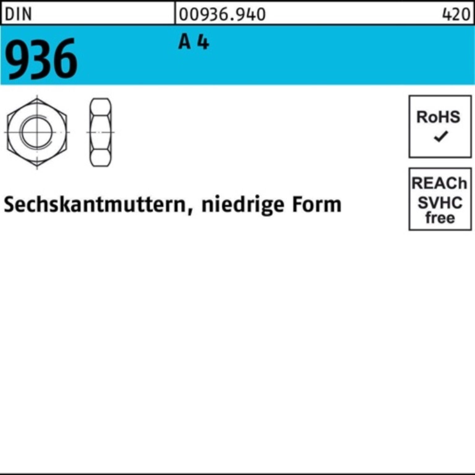 Reyher Muttern 100er Pack 009369400360000 Sechskantmutter DIN 936 M 36 A 4