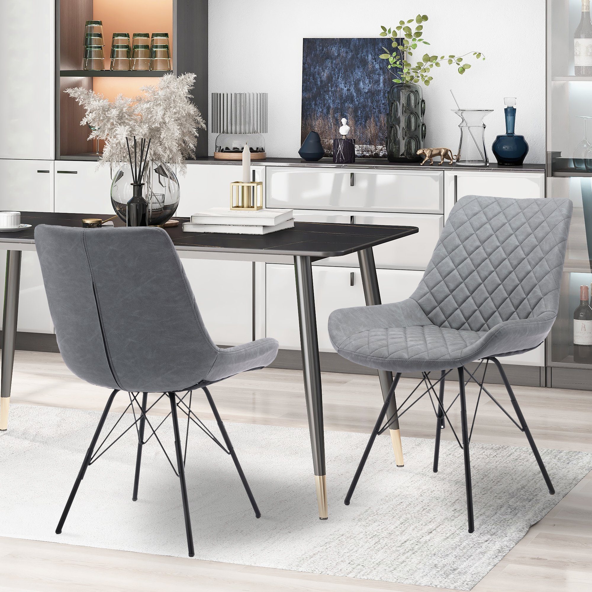 Flieks Polsterstuhl Komfort (2 St), PU Esszimmerstühle Küchenstuhl mit  Metallbeine, grau 2er-Set