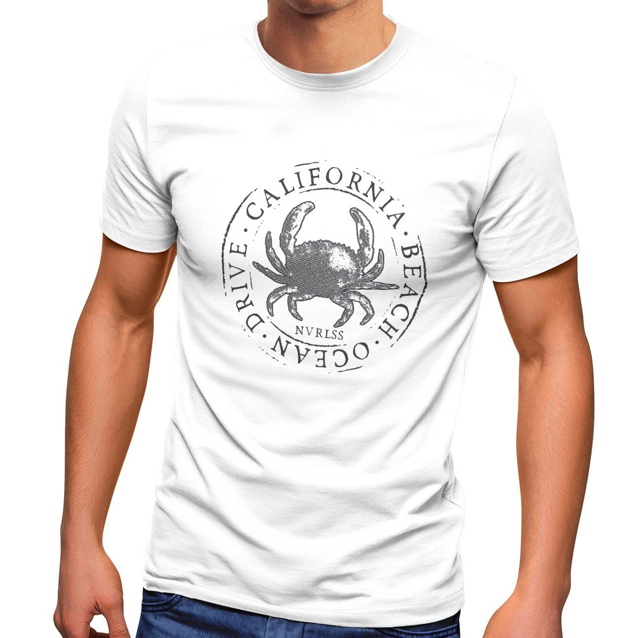 Neverless Print-Shirt Herren T-Shirt California Beach Crab Krabbe Krebs Ocean Drive Sommer Fashion Streetstyle Neverless® mit Print weiß