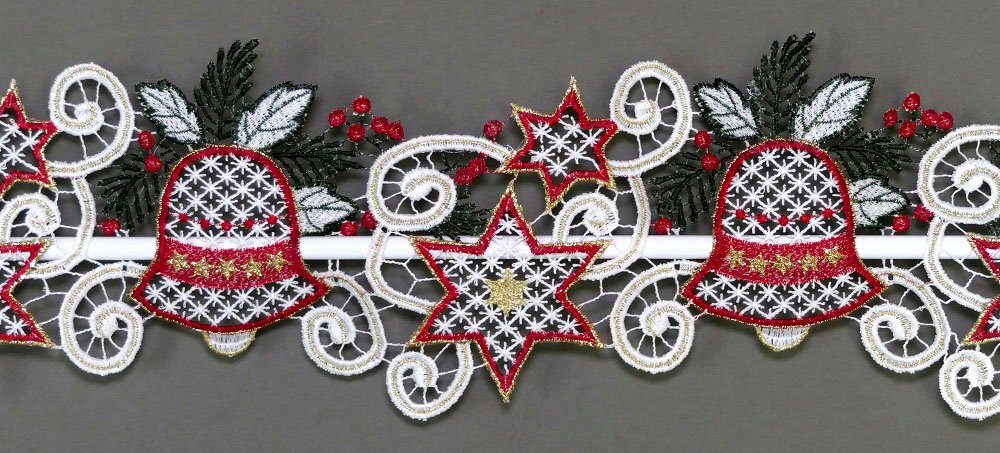 Stickereien Plauen Scheibengardine Glocken (1 St), Stangendurchzug, halbtransparent, Fensterdekoration "Glocken"