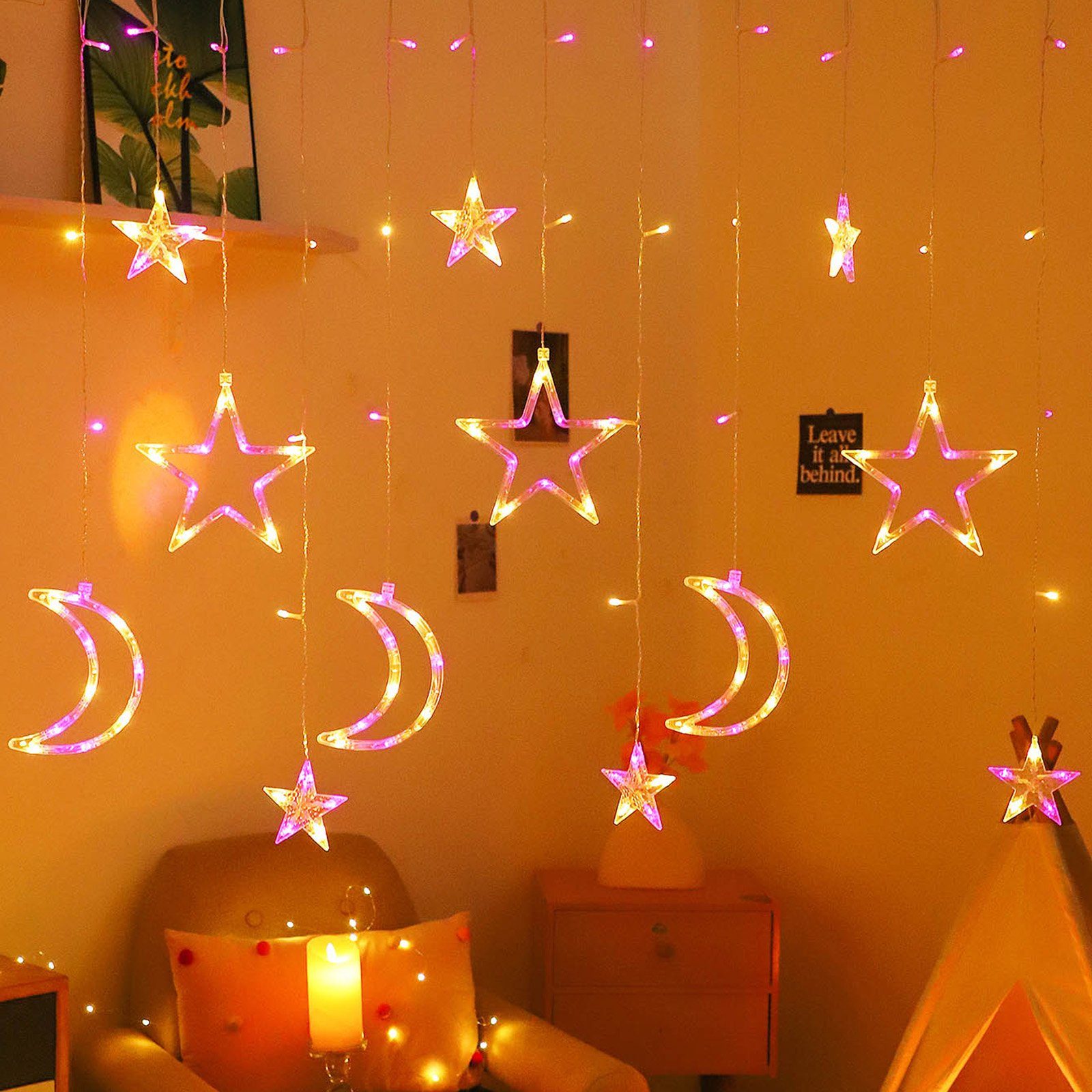 Rosnek LED-Lichtervorhang Stern 120LEDs, Mond, Camping Weihnachten, Schlafzimmer Rosa für Warmweiß wasserdicht, Zelt mit Deko; batterie Party Ramadan 3M