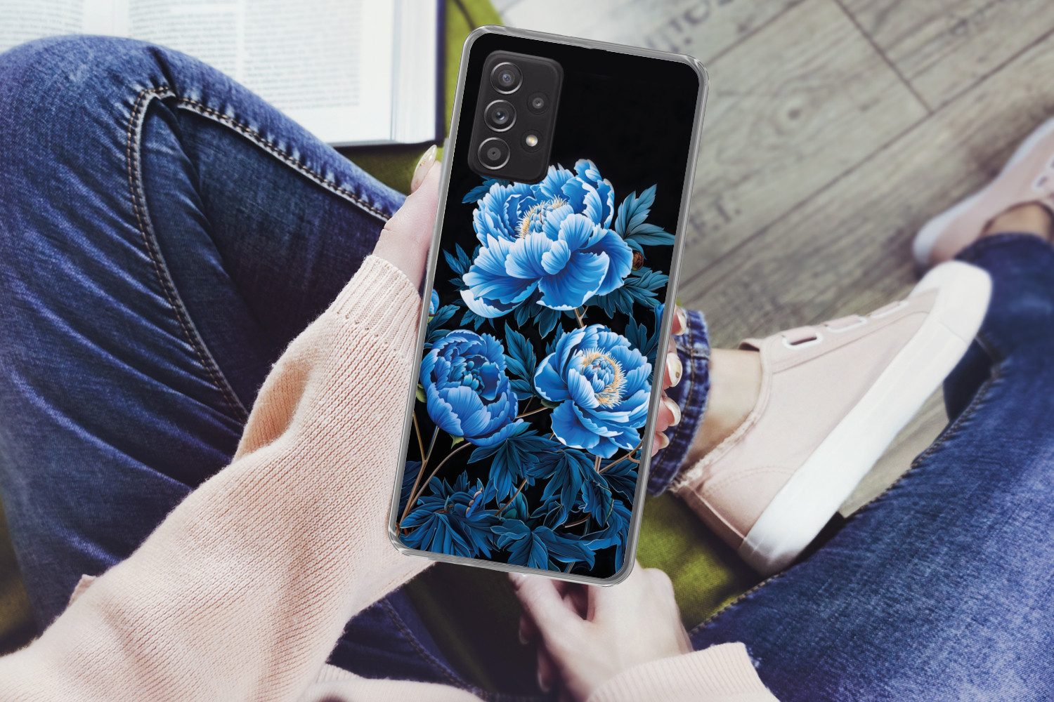 MuchoWow Handyhülle für Samsung Galaxy A33 5G Blumen - Schwarz - Blau - Modern, Smartphone-Bumper, Print, Handy Schutzhülle Dünn