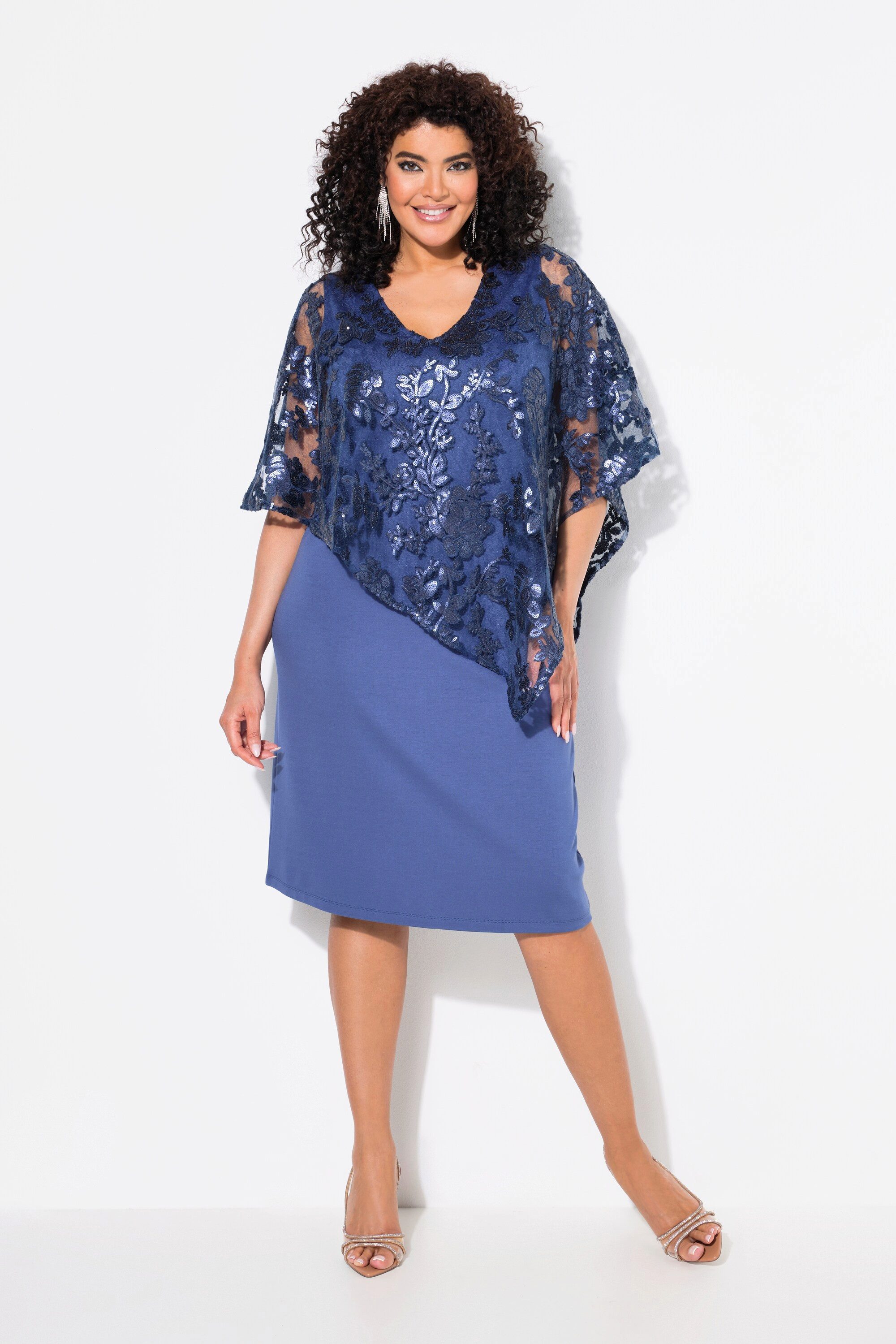 Abendkleid Kleid Überwurf Pailletten V-Ausschnitt 3/4-Arm