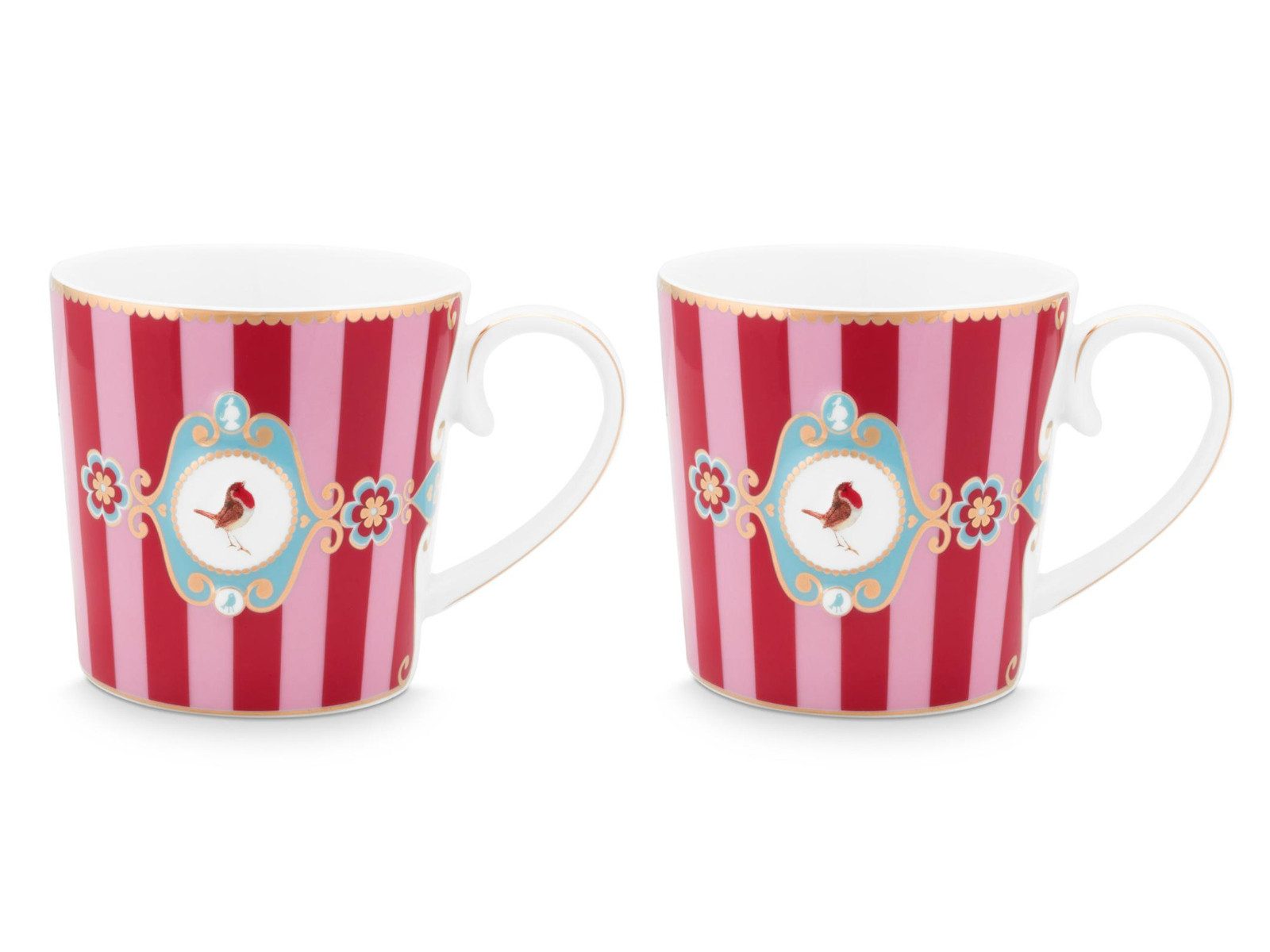 PiP Studio Becher Love Birds Medallion Stripes Red-Pink Henkelbecher Small 0,15l Set2, Porzellan