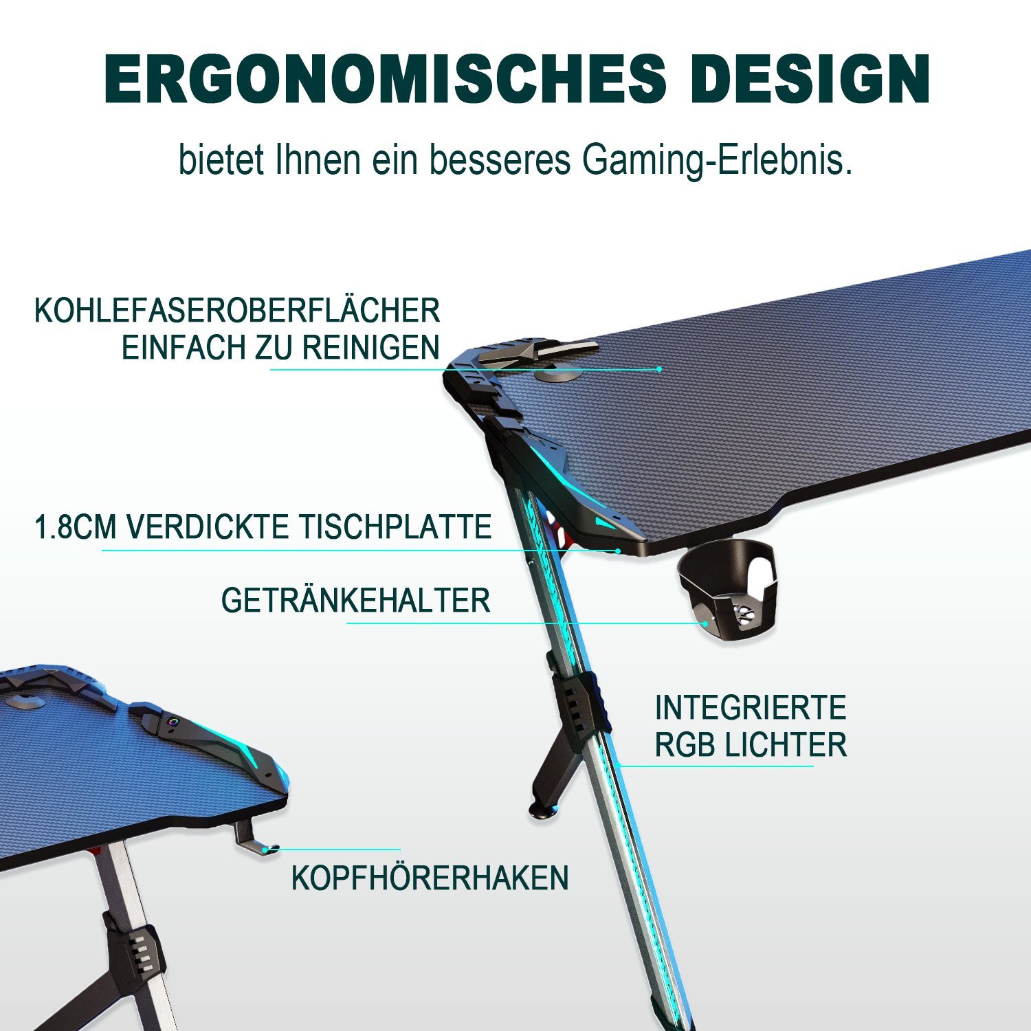 SONNI Gamingtisch RGB Gaming Tisch mit LED Beleuchtung, Breite 120cm/140cm