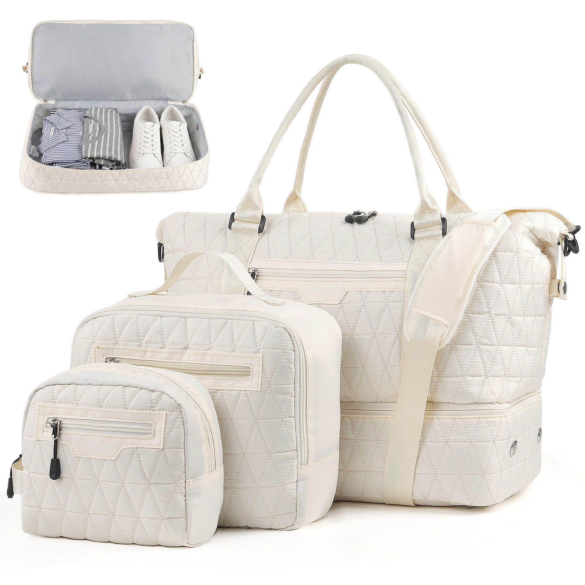 TANTOMI Reisetasche 3-Tlg Set Reisetasche Groß, Weekender Handgepäck Tasche (Erweiterbares Weekender Bag mit Nassfach), Leichte Travel Bag mit Schuhfach Kulturbeutel