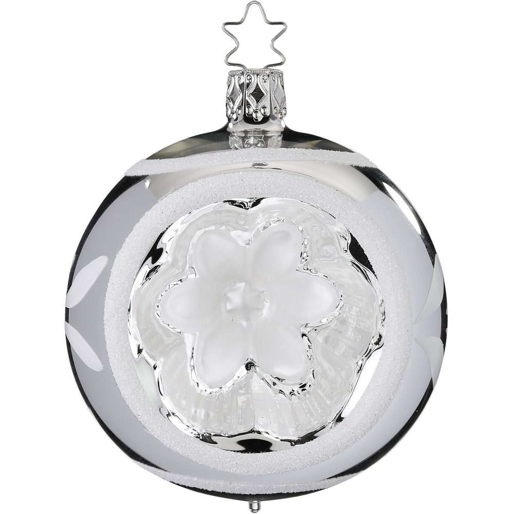 INGE-GLAS® Weihnachtsbaumkugel Reflexkugel Blume silber (1 St), mundgeblasen, handbemalt