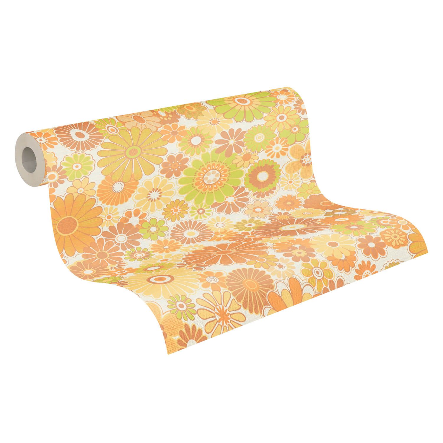 Profhome Vliestapete 395355-GU Retro Tapete Blumen matt gelb ocker-braun creme-weiß, geprägt, (1 Rolle, 4,51 qm), heißgeprägte Vliestapete, gelb
