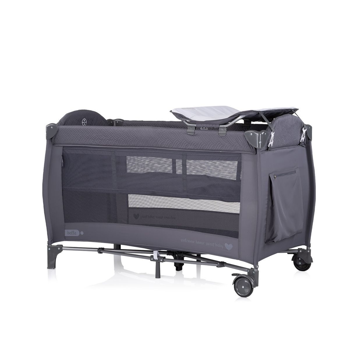 Chipolino Baby-Reisebett Reisebett Bella 2 Ebenen, 2 Ebenen seitlicher Eingang Musikmobile Wickelauflage