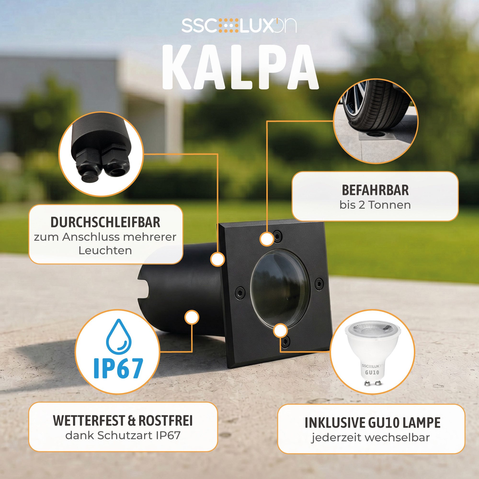 SSC-LUXon LED Gartenstrahler KALPA Bodeneinbauleuchte schwarz IP67 inkl. LumiFLEX LED GU10 Birne 3W, Neutralweiß, Warmweiß, Tageslichtweiß