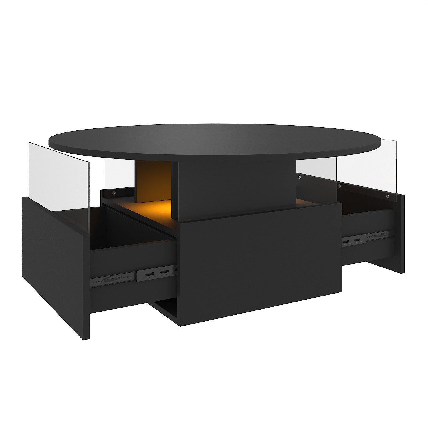 radelldar Couchtisch mit LED-Beleuchtung und 2 Schubladen, Wohnzimmertisch 80x40cm (1-St), Beistelltisch mit runder Platte und extra Ausstellungsfläche