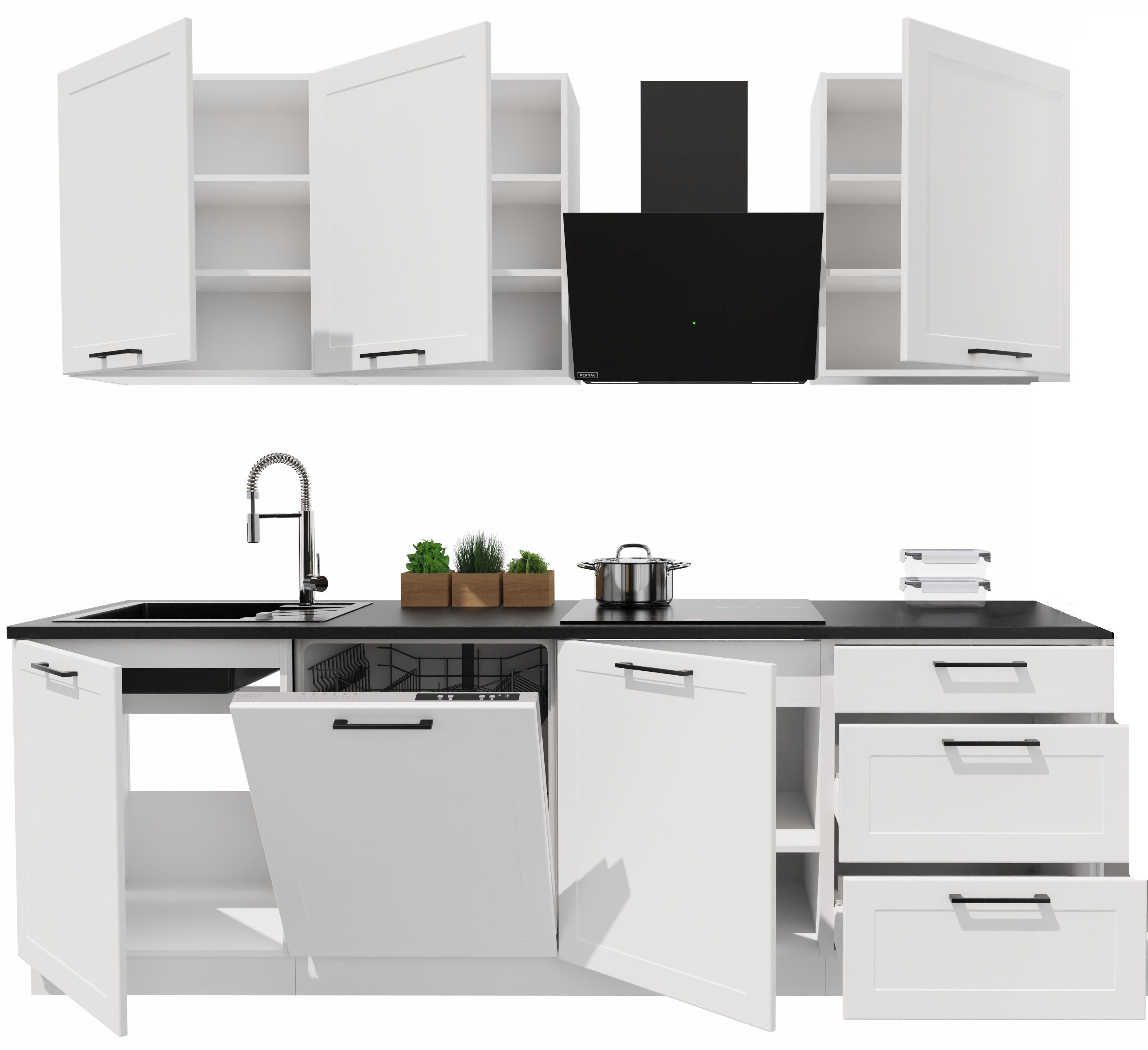 Möbel für Dich Küchenzeile Landhaus Einbauküche Adele 240 cm 7-teilig, mit Rahmenfronten in Mattweiß, Metallgriffe