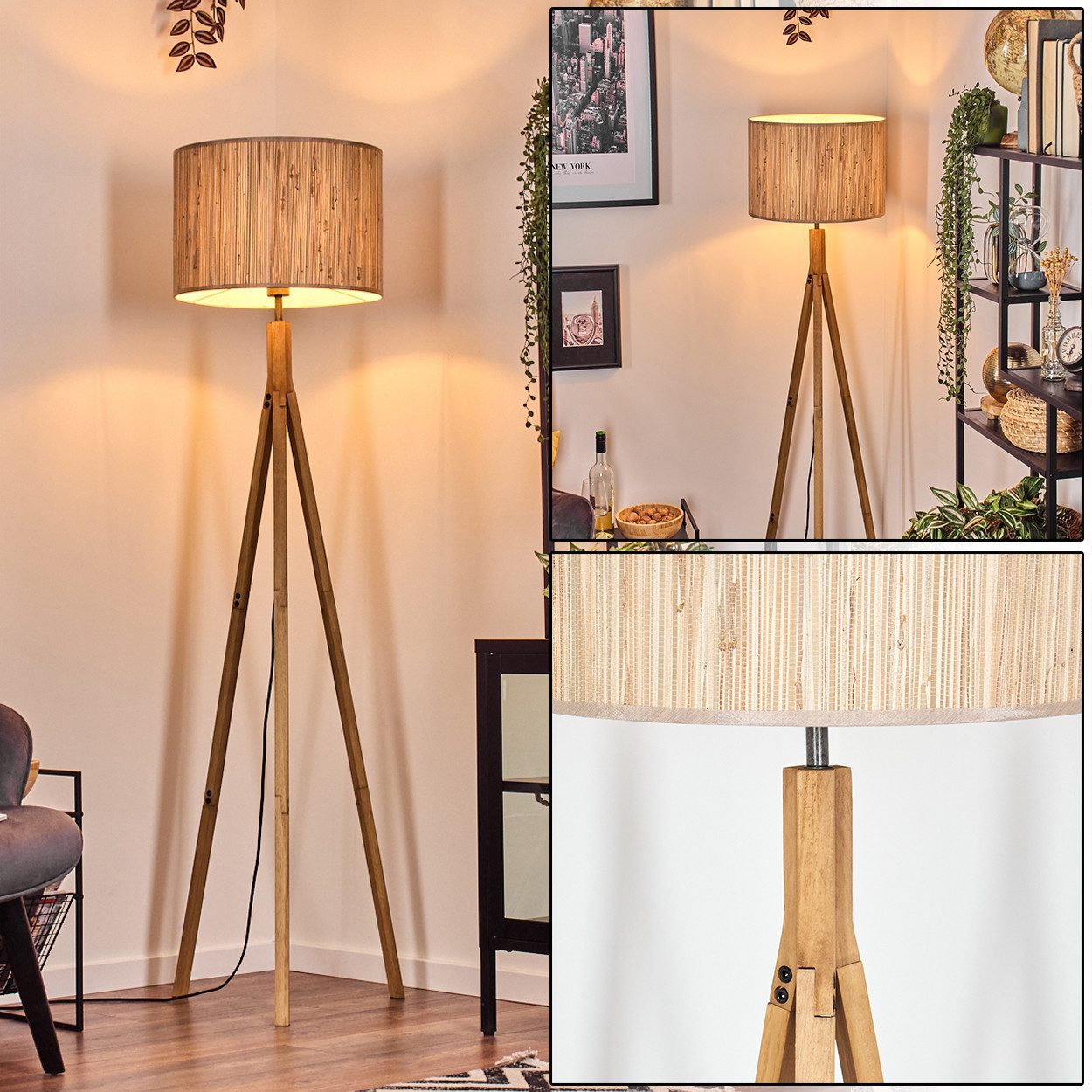 Stehlampe Stehlampe mit Holzfuß und Schirm aus Seegras