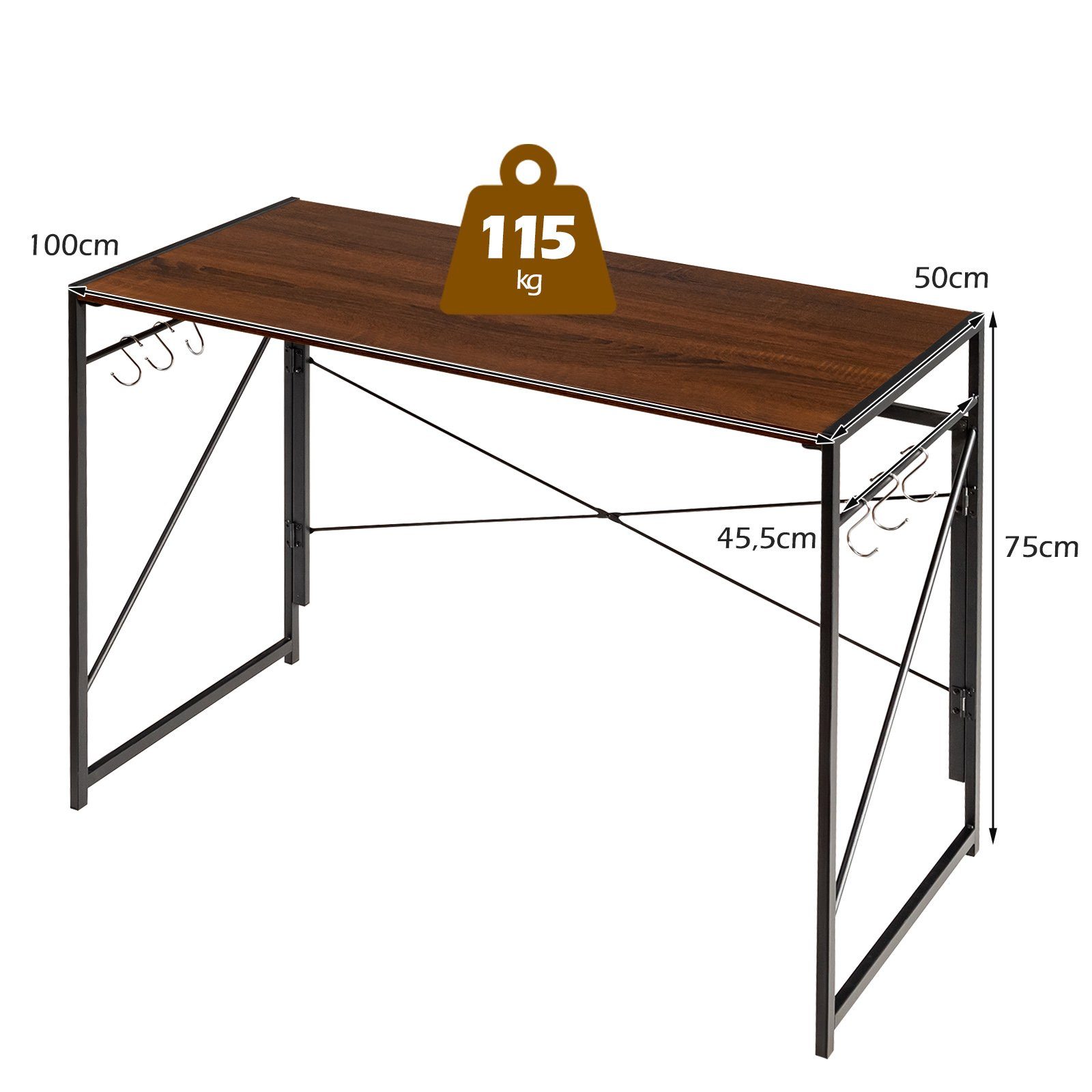 COSTWAY mit Haken 100x50x75cm Metallrahmen, Braun Schreibtisch, & 6 klappbar,