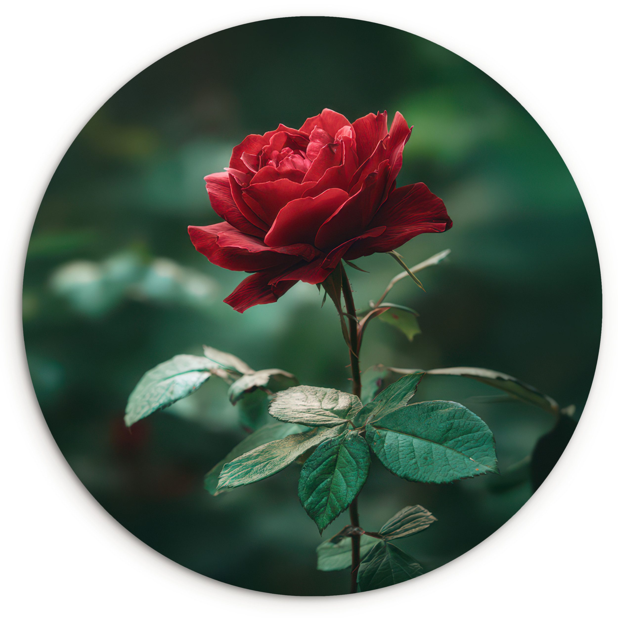 MuchoWow Gemälde Rose - Blätter - Tiefrot, Fotodruck (1 St), Kreis Wanddekoration, Rundes Wandbild, 30x30 cm