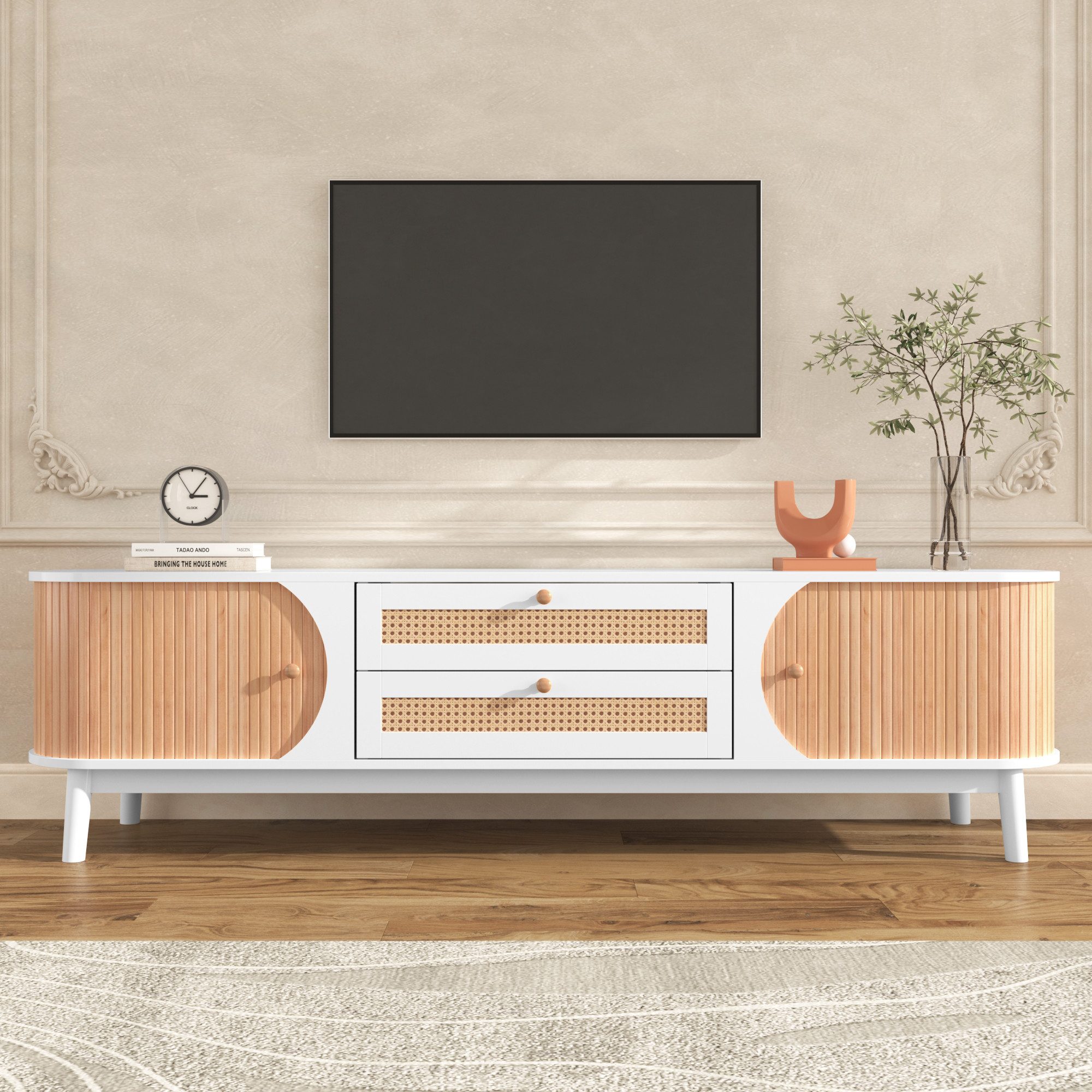 IDEASY TV-Schrank Rustikaler Lowboard, TV-Board, TV-Sideboard Wohnzimmer, 170x39,5x46 cm 2 Türen, 2 Schubladen, Rattan, Holztüren, geeignet für TVs bis 59 Zoll