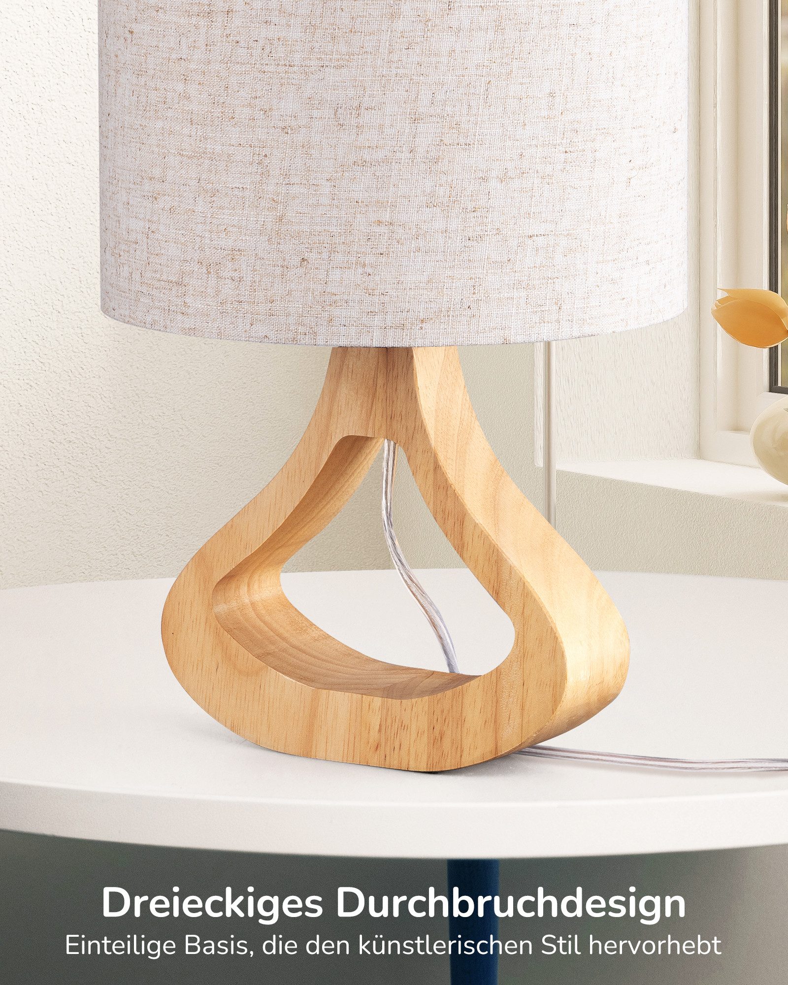 EDISHINE Nachttischlampe Höch 34cm Holz, Holzdeko, LED wechselbar, warmweiß, Lampe mit Ein-/Ausschalter, E27 Fassung mit 2700K LED-Glühbirne