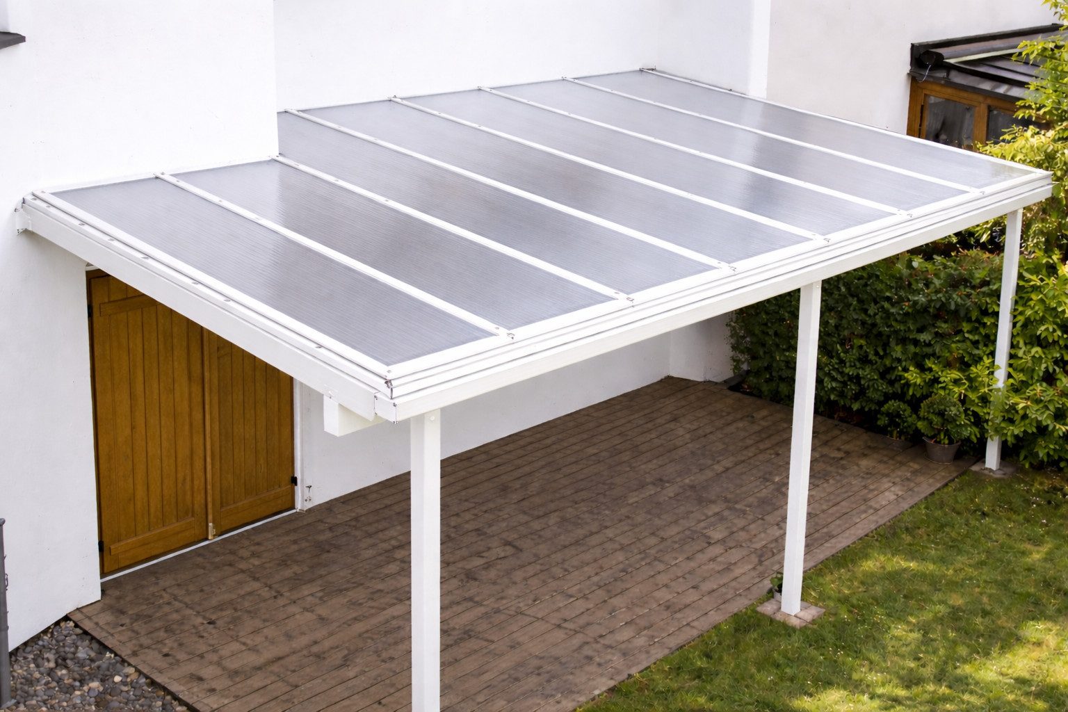 DREKU Terrassendach Aluminium 9016 weiß, Stegplatten klar, BxT: 300x300 cm, Bedachung Polycarbonat Stegplatten 16 mm, (Bausatz)