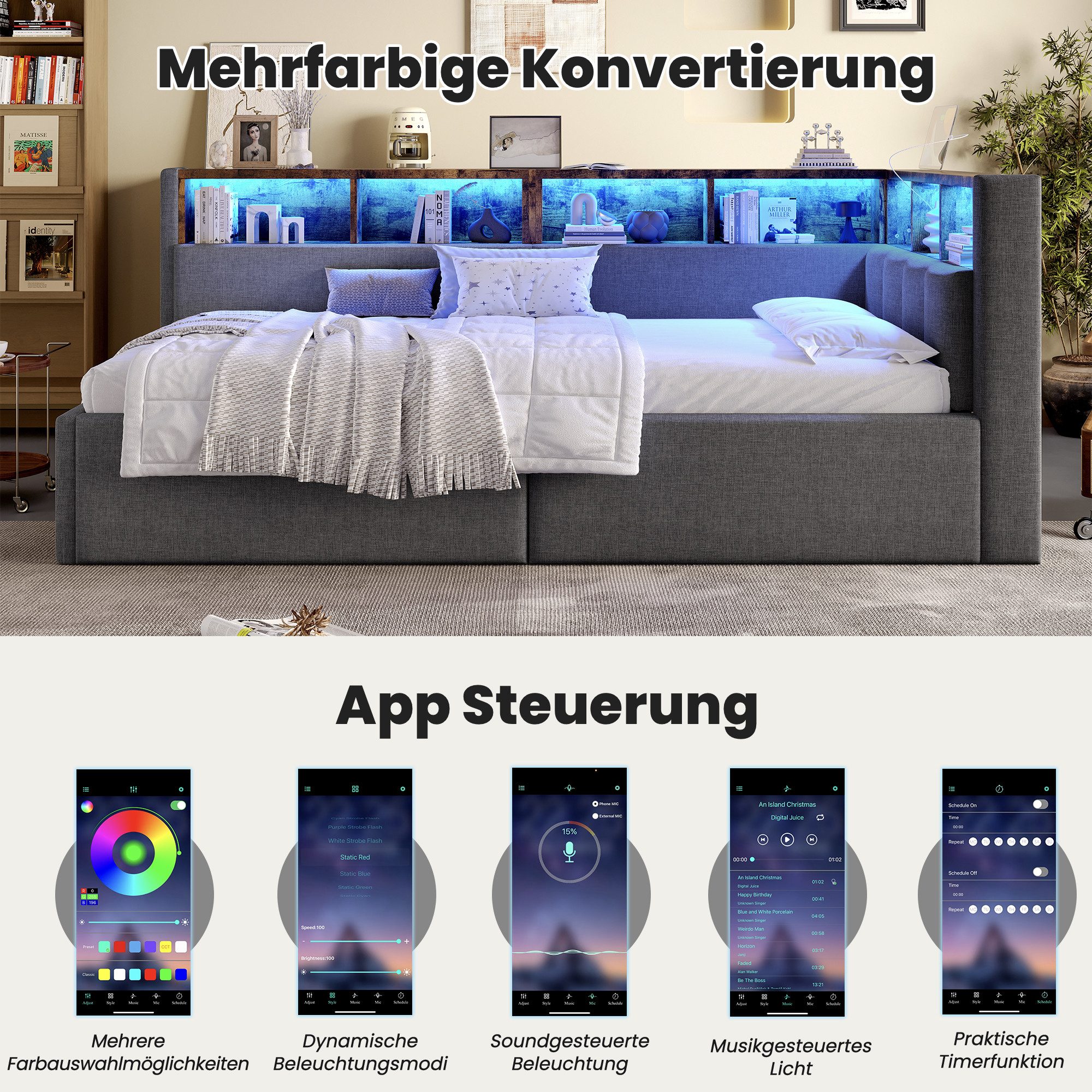 Merax Daybett 90x200cm mit hydraulischem Bettkasten, Kopfteil- & Seitenfächern (Jugendbett Sofabett, 1 tlg), Leinen Polsterbett Schlafsofa Tagesbett mit LED,USB – Bild 5 von 5