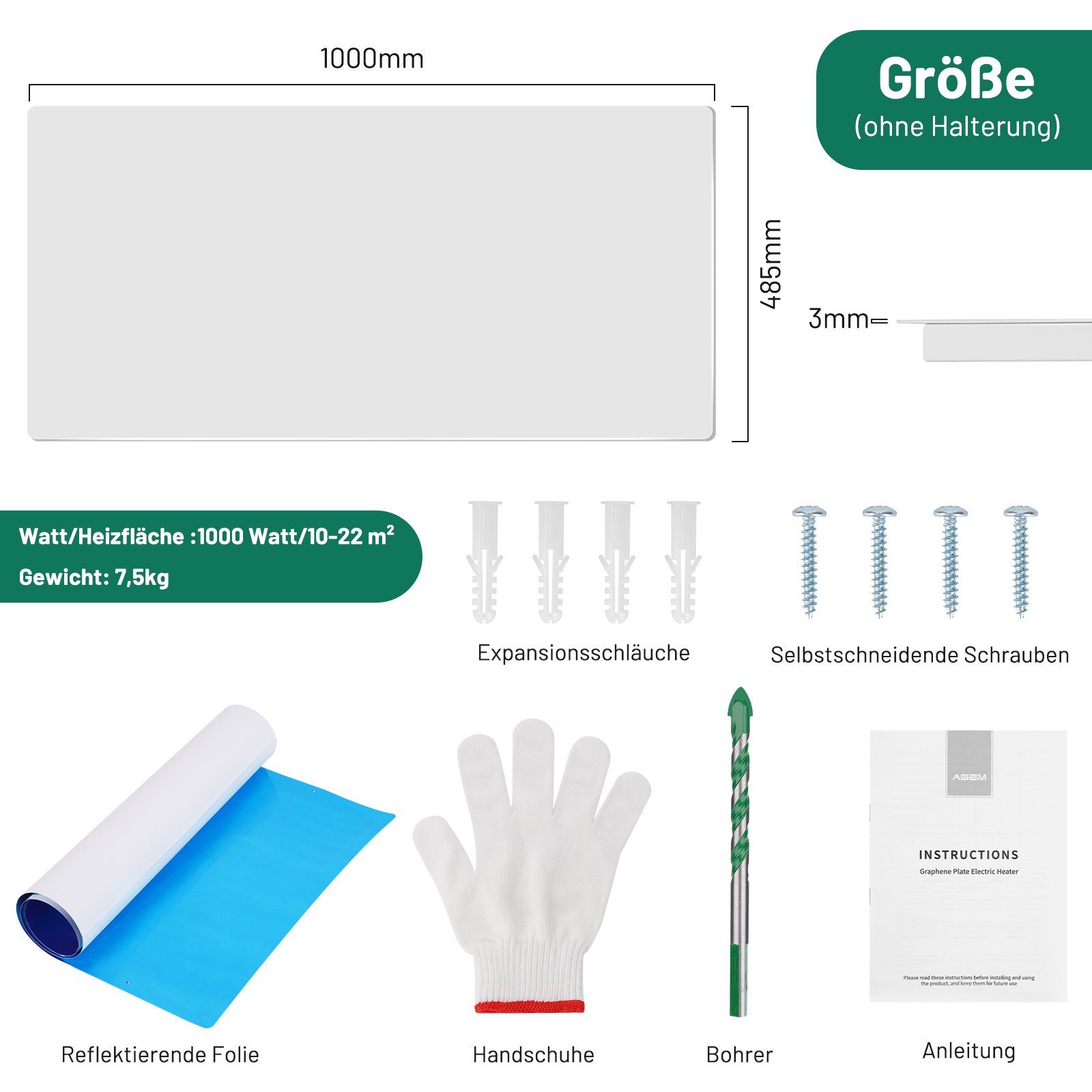 AGEM Infrarotheizung Vollständiges Aluminium mit Thermostat Infrarot Wandheizung Heizkörper, 1000 Watt – Bild 3 von 5