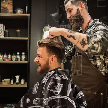 Henreal Umhängeschürze Friseursalon Haarschneideumhang,Schwarz Barber Cape mit Nacken Bürste