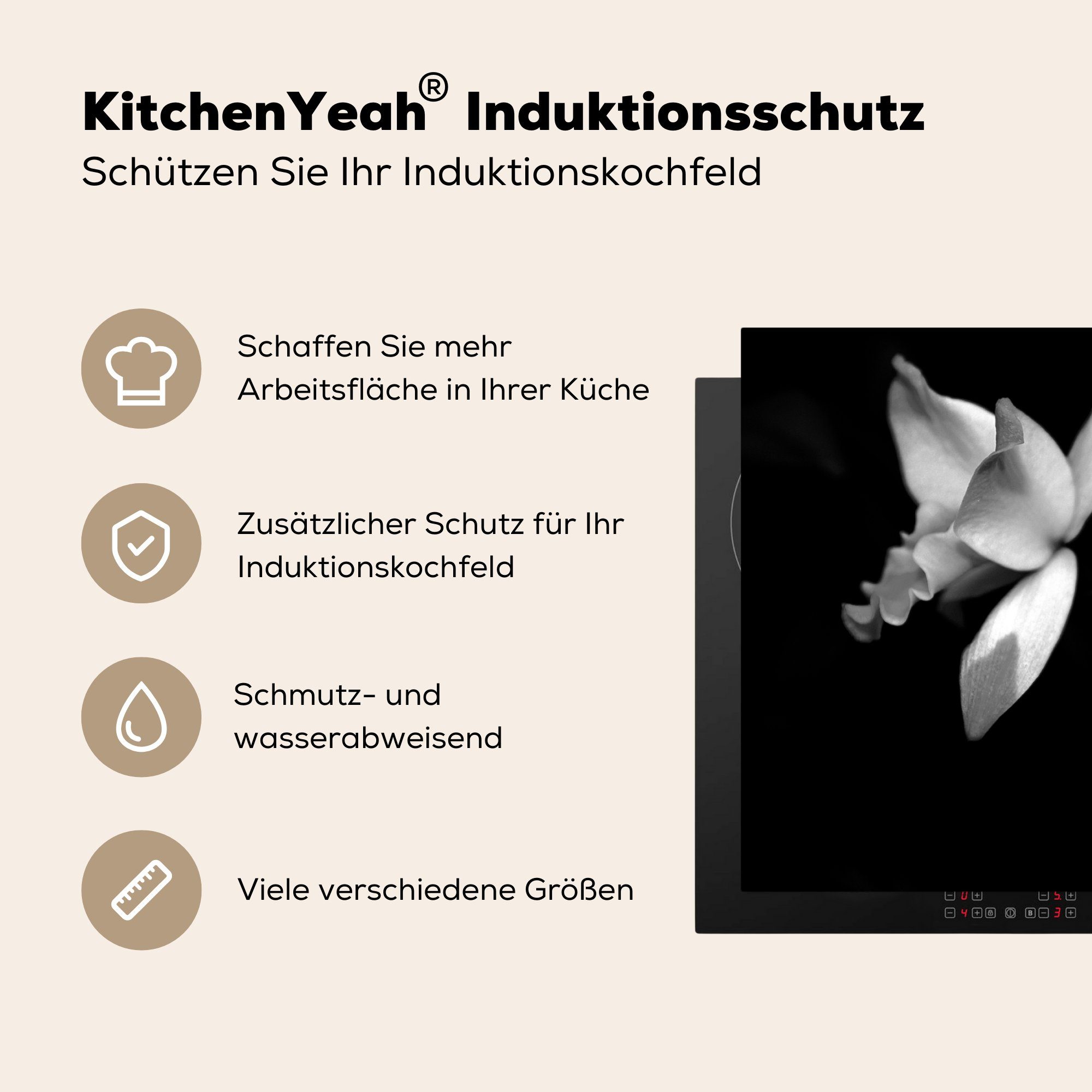 Ceranfeldabdeckung, - schwarz MuchoWow küche (1 Zwei tlg), Arbeitsplatte Herdblende-/Abdeckplatte weiß, Vinyl, cm, für 83x51 und Orchideenblüten