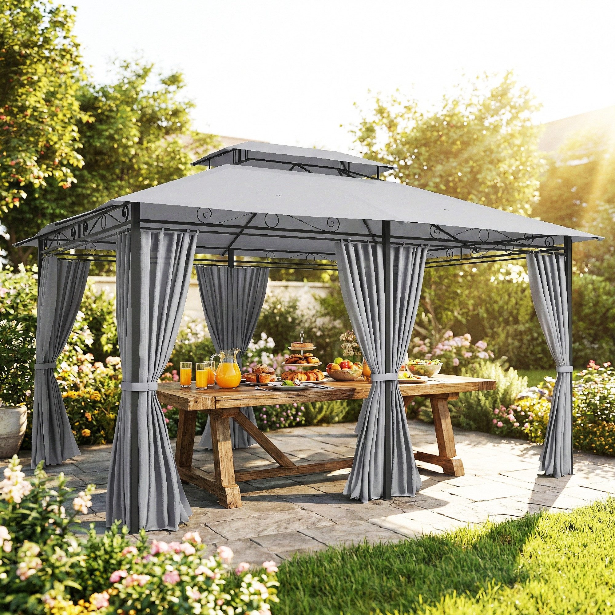 Outsunny Pavillon Gartenpavillon mit 6 Seitenteilen Partyzelt mit Doppeldach, mit 6 Seitenteilen, (Gartenpavillon, Garten Pavillon), für Garten, Terrasse, Dunkelgrau