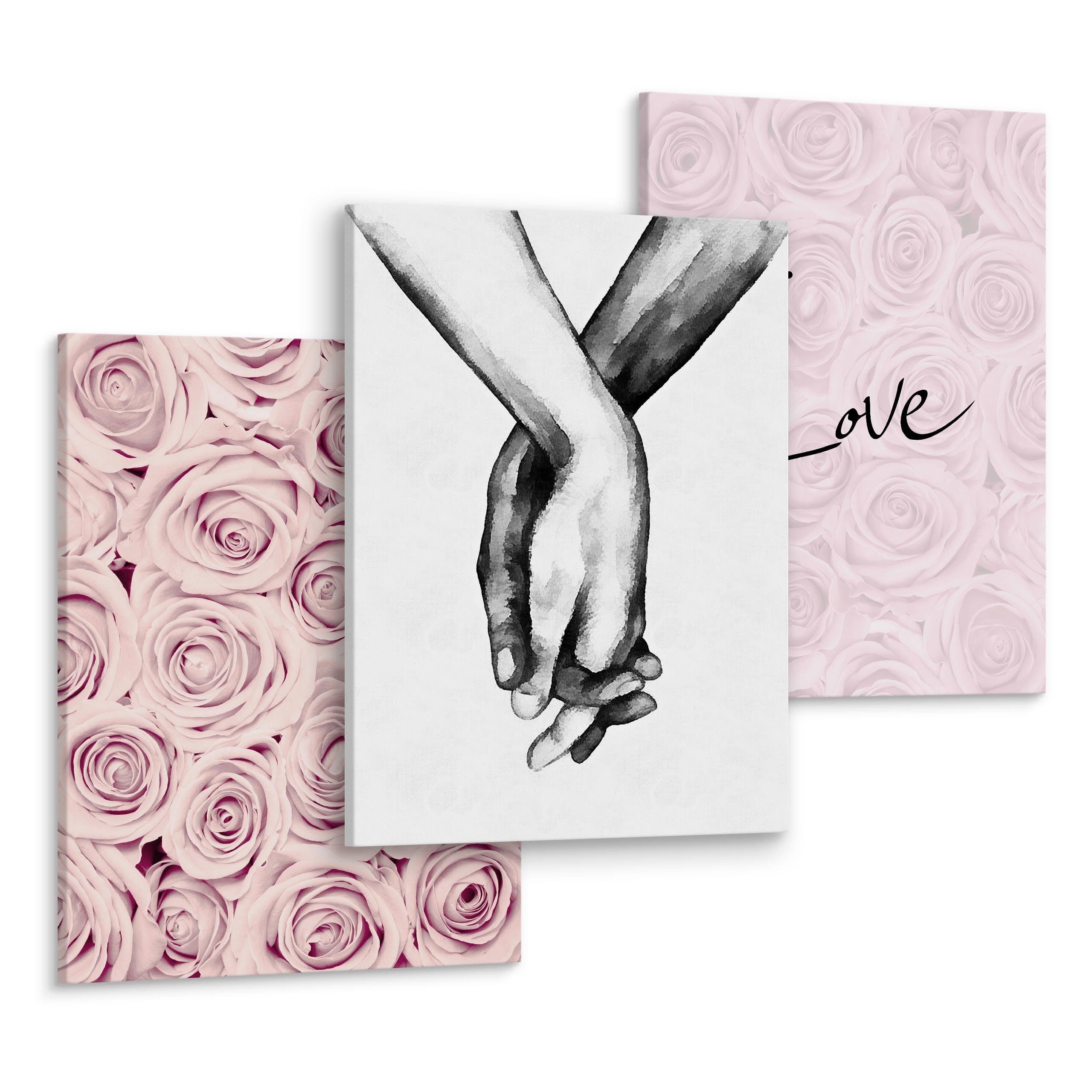 Muralo Mehrteilige Bilder Wandbilder 3er-Set Leinwand – Leinwandbild mehrteilig Wohnzimmer, Küche (Set, 3 St), 3x 30x40 cm – Blumen – Hände – Love, aufhängefertig, Holzrahmen