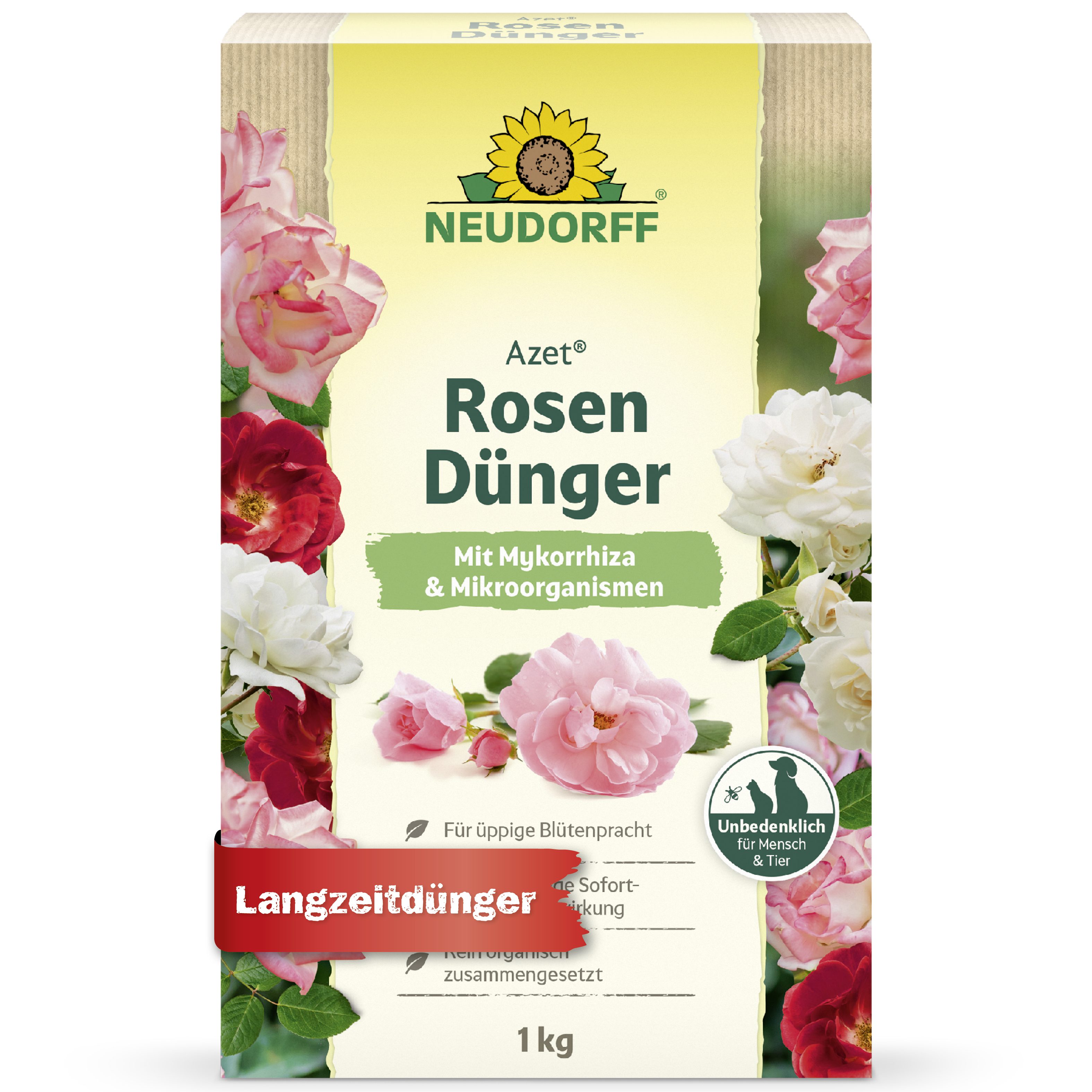 Neudorff Blumendünger Azet RosenDünger 1 kg, Einzelartikel, Rosendünger für üppige Blütenpracht und intensive Farbkraft, Rosendünger mit Mykorrhiza & Mikroorganismen, bis 100 Tage Wirkung