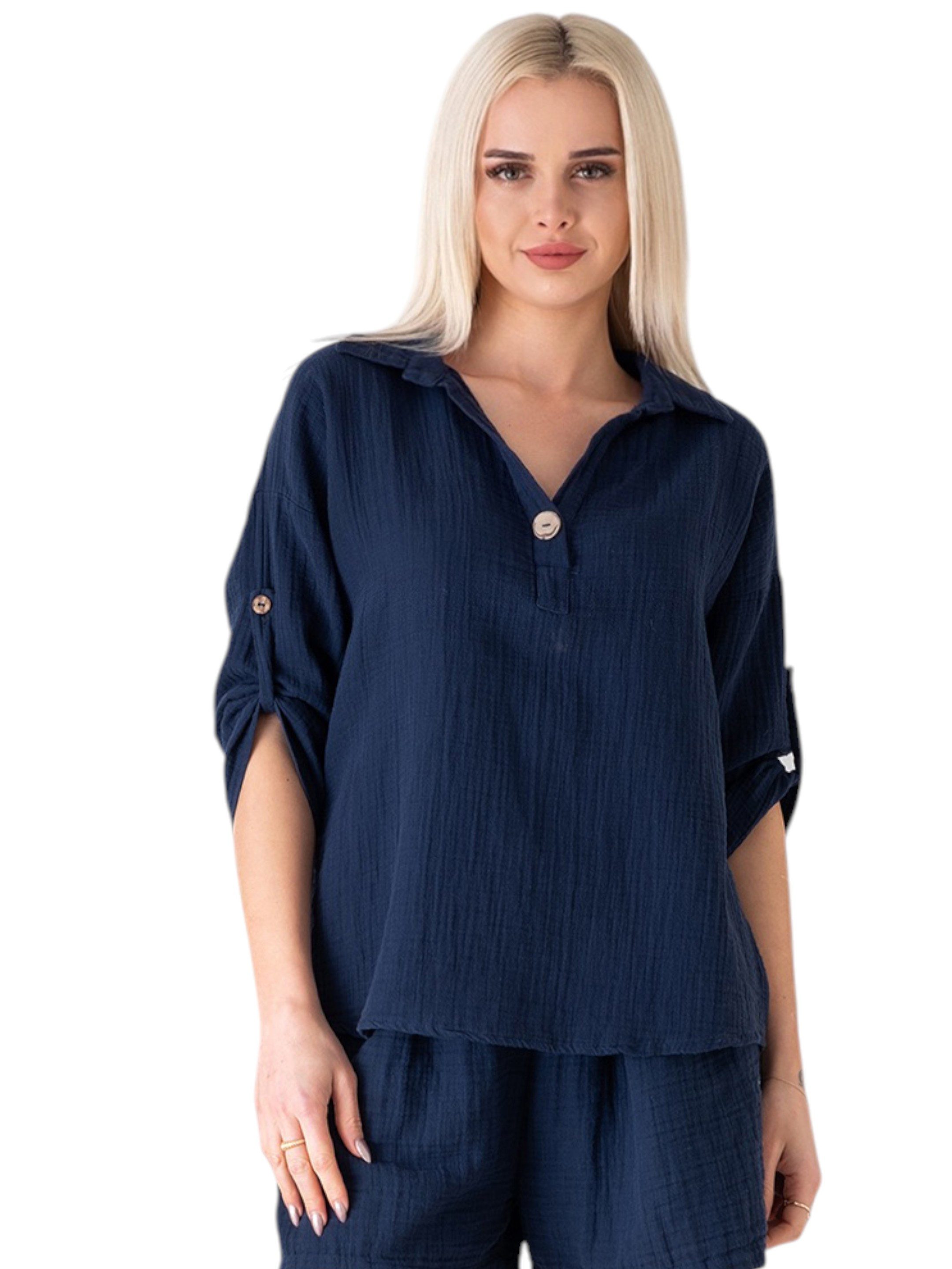 WENOR Schlupfbluse Damen Musselin 100% Baumwolle – Oversize Sommerbluse One Size mit Kokosknopf, Krempelärmel & Seitentaschen – Naturmaterial