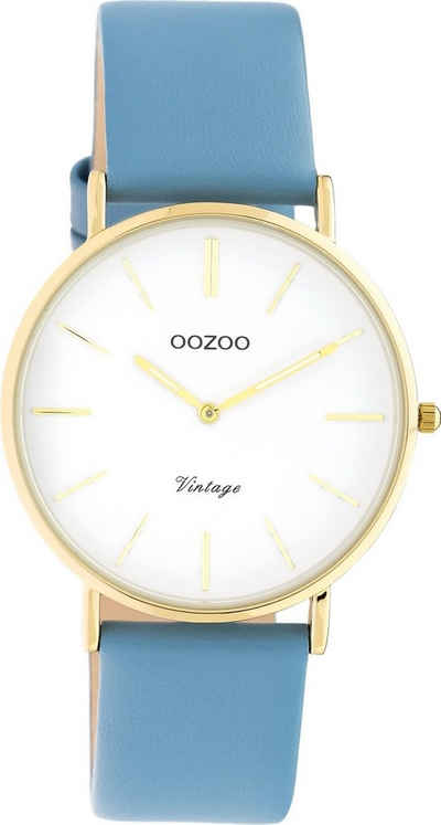 OOZOO Quarzuhr Oozoo Damen Armbanduhr babyblau Analog, Damenuhr rund, mittel (ca. 40mm) Lederarmband, Fashion-Style
