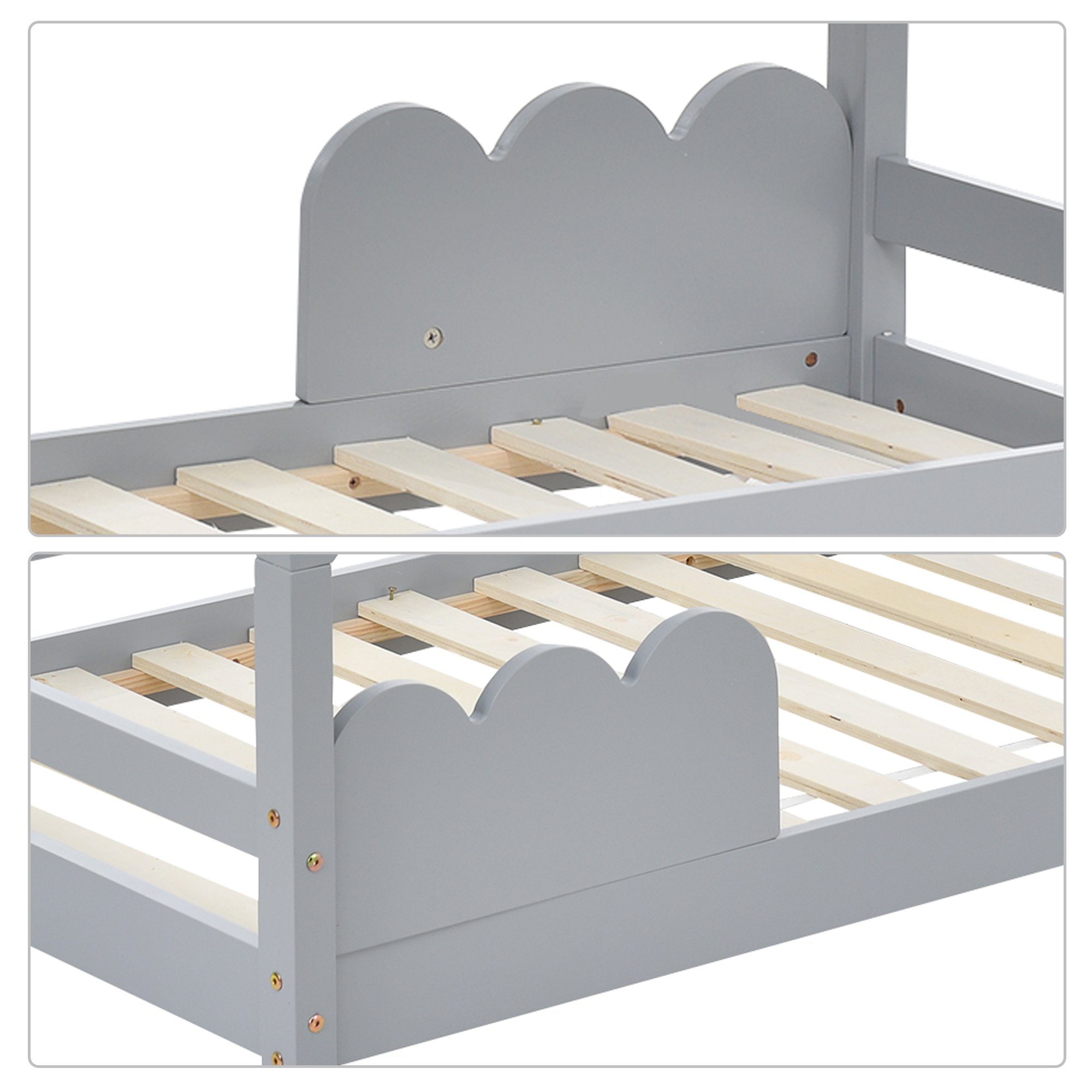 Einzelbett (1-tlg., Massivholzbett Kinderbett), Hausbett 80x160cm mit Rausfallschutz & Lattenrost, Hausoptik mit Dach