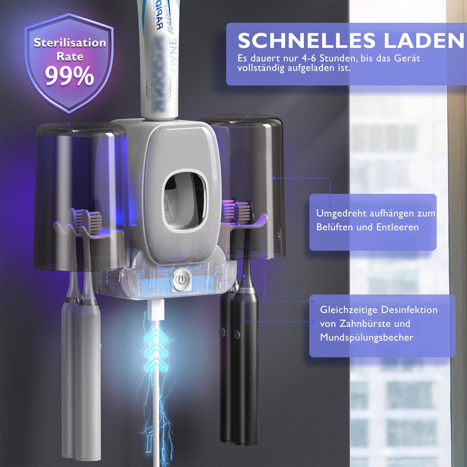 MOPUEA Zahnbürstenhalter Zahnbürstenhalter UV Desinfektions Zahnbürsten Halter mit 4 Schlitze, (Automatischer Zahnpastaspender, mit 2 herausnehmbarer Becher, 1- – Bild 4 von 5