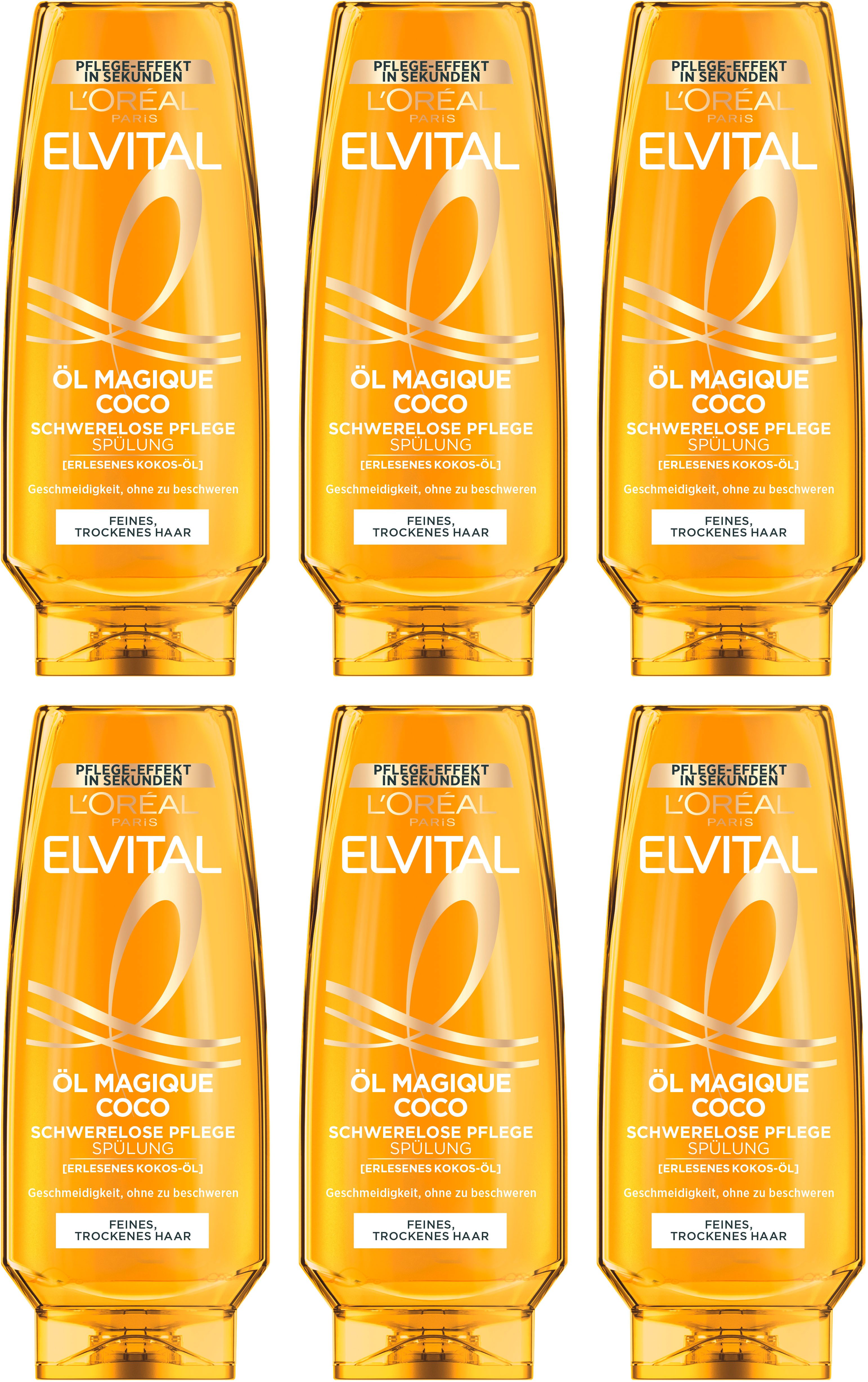 L'ORÉAL PARIS Haarspülung L'Oréal Paris Elvital Öl Magique Coco Spülung, Packung, 6-tlg., Intensive Pflege auch für trockenes Haar, verleiht Geschmeidigkeit.