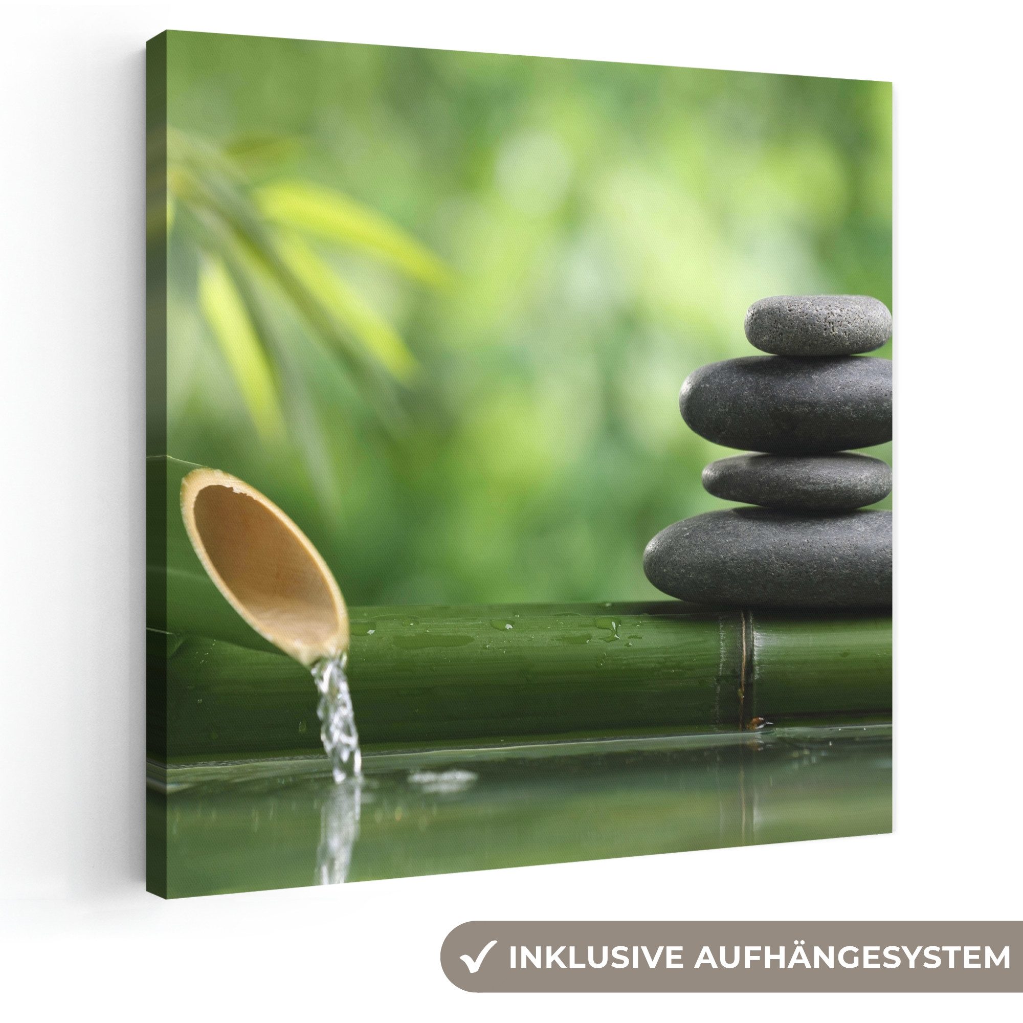OneMillionCanvasses® Leinwandbild Zen - Stein - Grün - Natur - Bambus, Fotodruck (1 St), Wandbild, Deko Schlafzimmer Wohnzimmer Flur 20x20 cm
