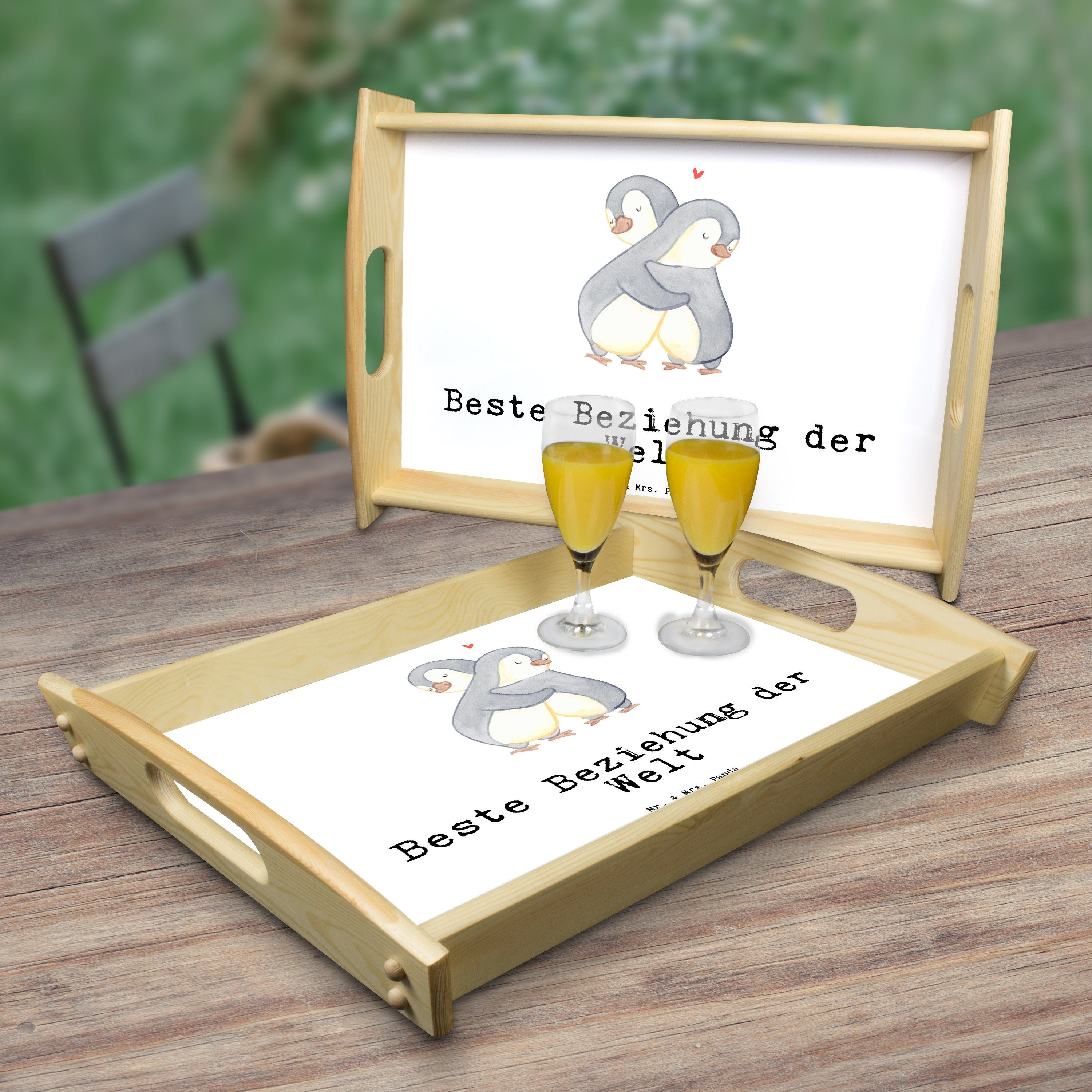 Weiß - Tablett Pinguin der Geschenk, Panda - Holztablett, & Mr. lasiert, Welt Echtholz Beste Beziehung Zusa, (1-tlg) Mrs.