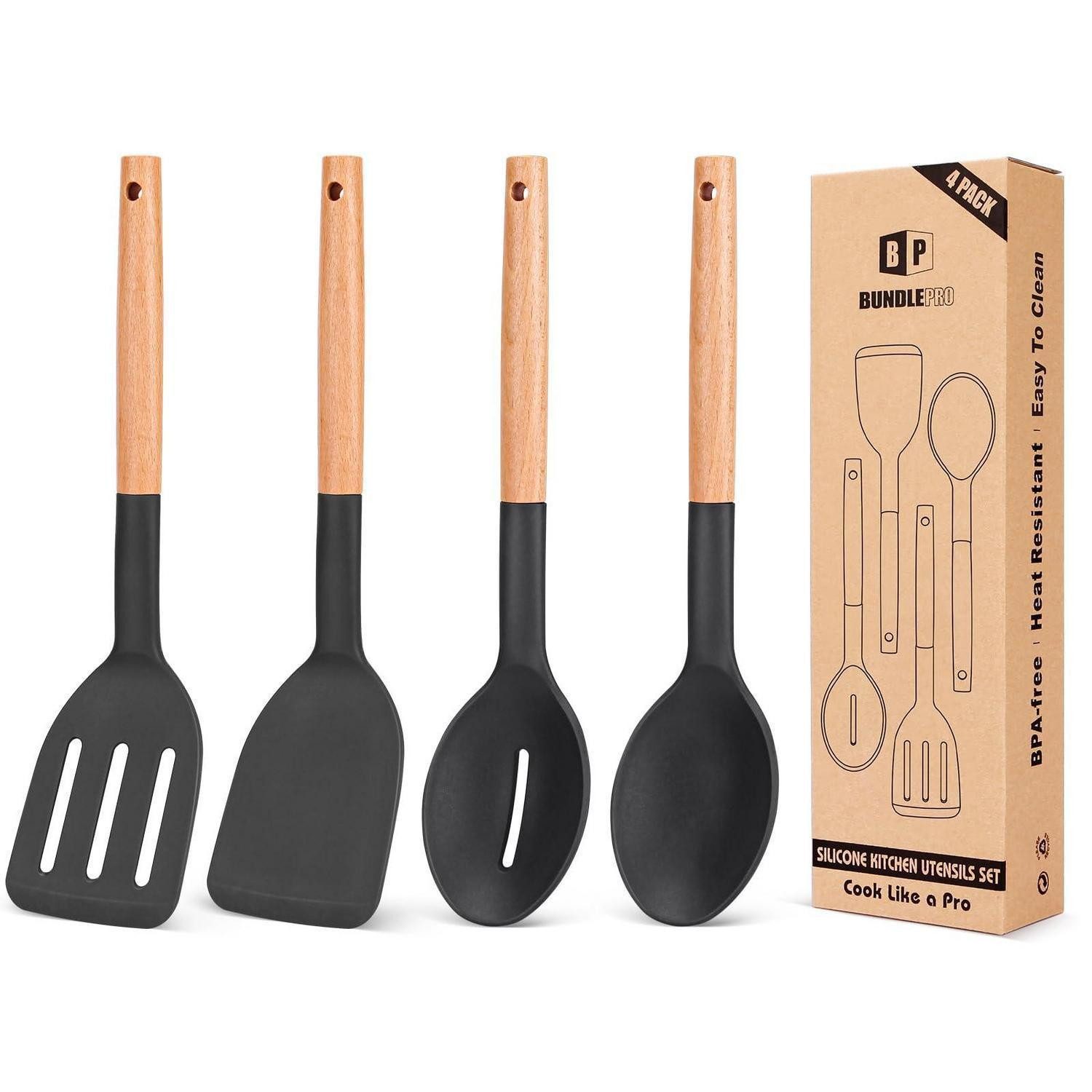 LuxusKollektion Kochlöffel 4er Kochgeschirr Set Silikon Holzgriff Schwarz