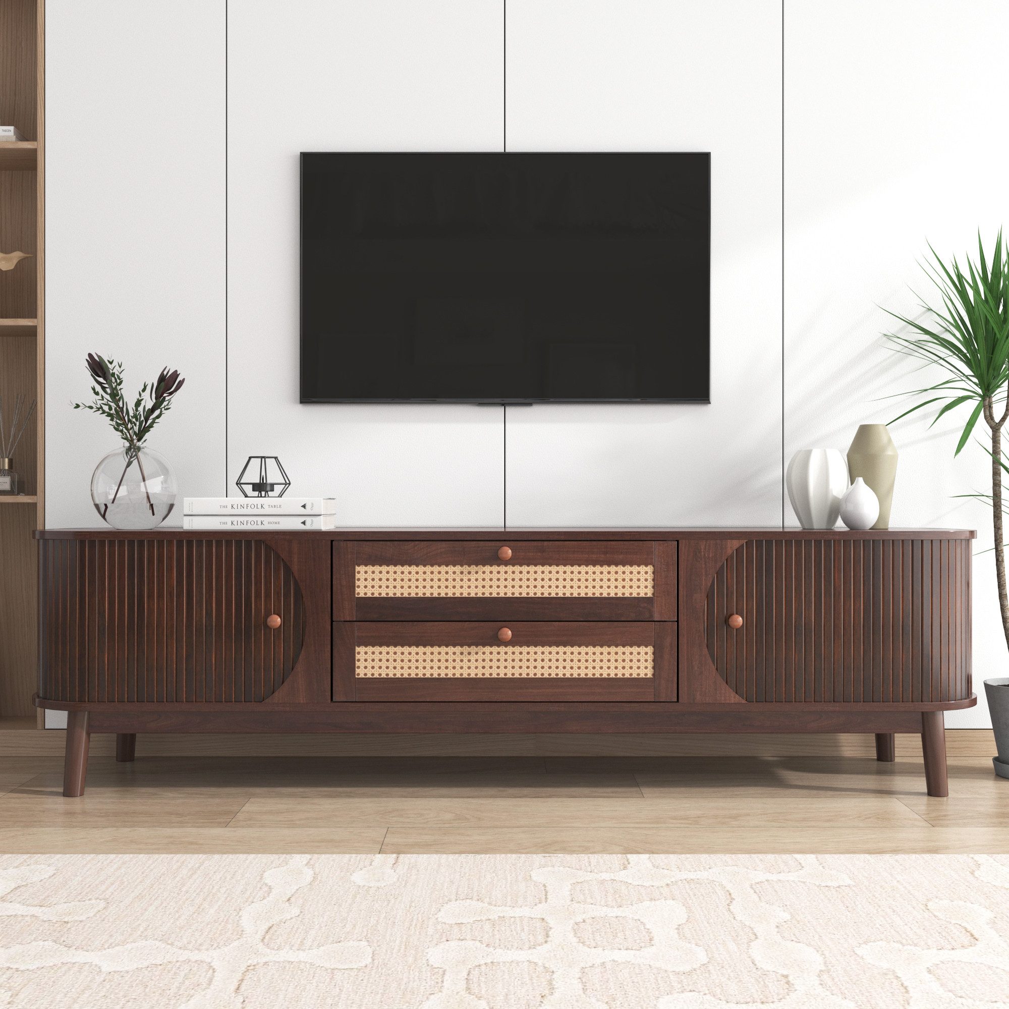 KLAM HOME Lowboard TV-Schrank Mit Natürlichem Rattan Design Und Massivholz (Landhausstil TV Schrank Mit Türen Und Schubladen), 170cm TV Möbel In Holzoptik Für 50-59 Zoll Fernseher