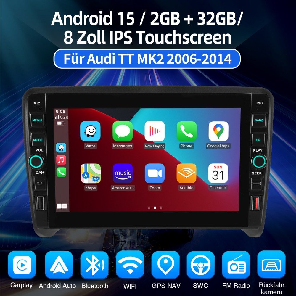 ESSGOO 8" Für Audi TT MK2 8J 2006-2014 Android 15 Carplay Autoradio (RDS, Digitalradio (DAB), FM, AM)