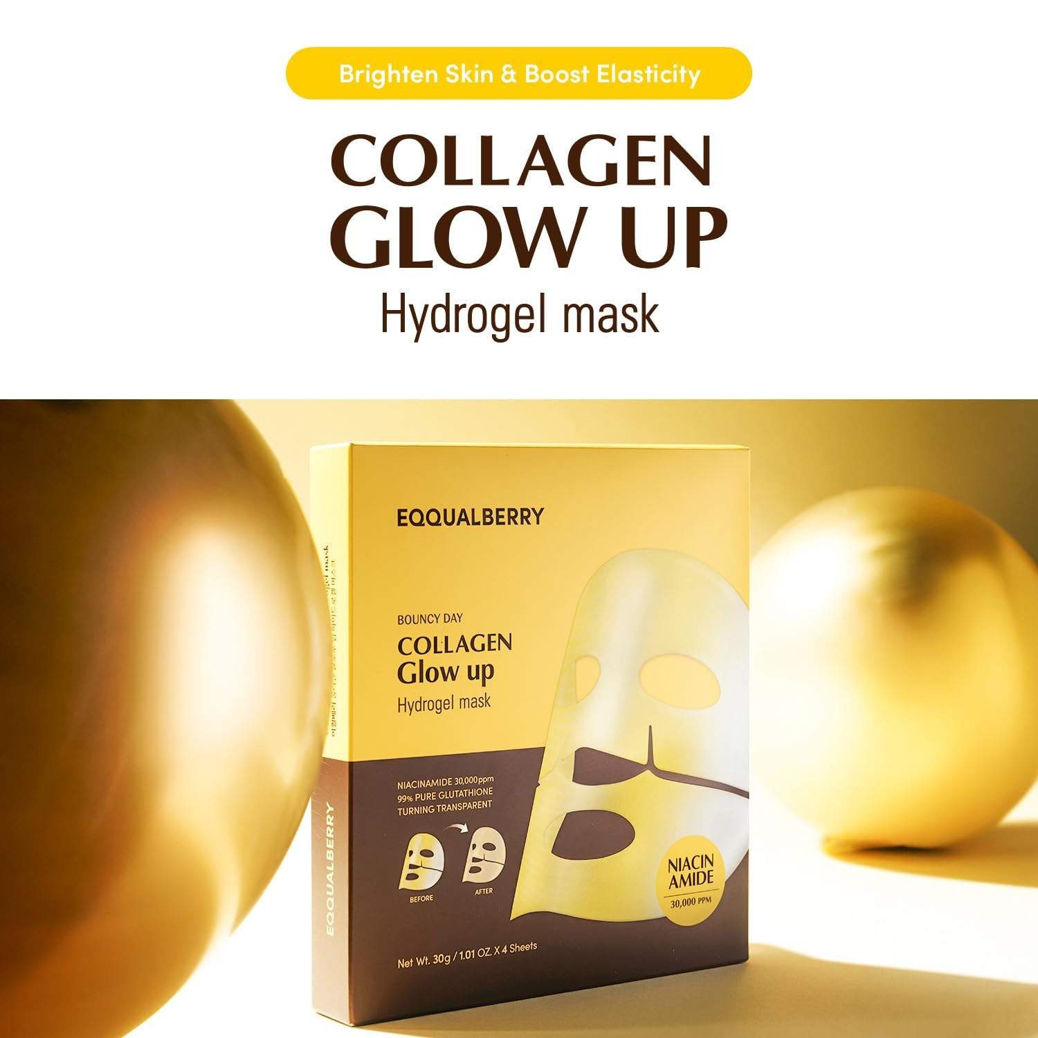 Eqqualberry Gesichtsmaske Collagen Glow Up Hydrogel Maske 4x30g – Aufhellende Gesichtsmaske mit Niacinamid, Glutathion, Kollagen & 10-fach Hyaluronsäure –, Feuchtigkeit, Straffung & Glow in 1 Stunde – parfümfrei