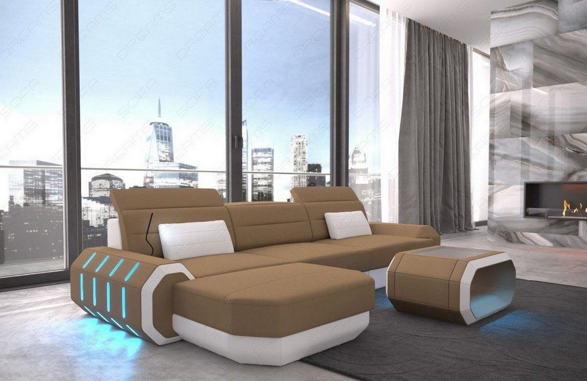 L Mikrofaser Stoff Couch hellbraun-weiß Dreams Form Sofa wahlweise Design Polster M Sofa Roma mit Ecksofa Stoffsofa, Bettfunktion