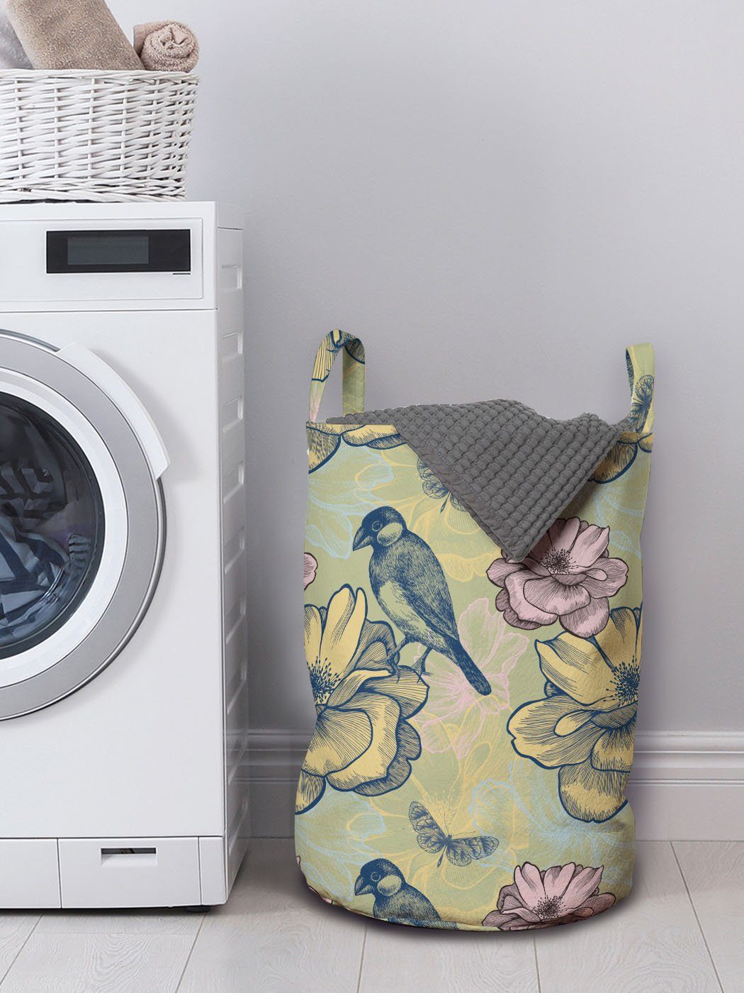 Wäschekorb Wäschesäckchen mit Kordelzugverschluss für Waschsalons, Abakuhaus Griffen Vogel-Schmetterlings-Blumen Frühling