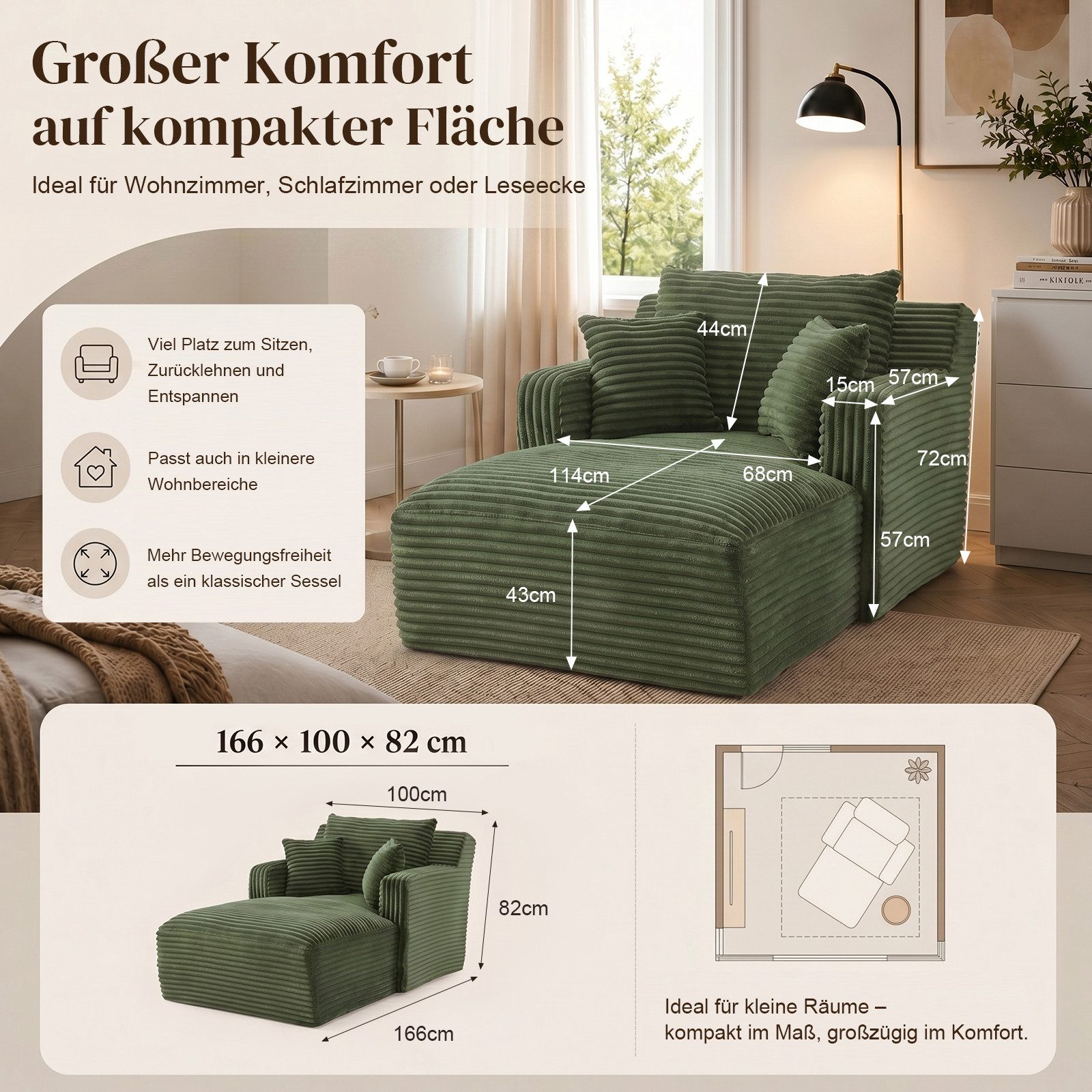 ANYSUN Sofa Cord-Schlafsofa mit 2 Kissen,Bequemes Einzelsitz-Bodensofa,Loungesofa, Relaxsessel Cord,Sessel,Loungesessel Cord,Lesesessel bequem, fur Wohnzimmer, Büro & Wohnung,Apartment,ohne Montage