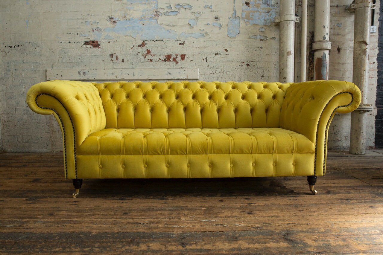 Chesterfield-Sofa JVmoebel Stoff Chesterfield Sitzer, Couch 3 Die Couchen Polster Rückenlehne Gelbe mit Knöpfen. Textil Sofa
