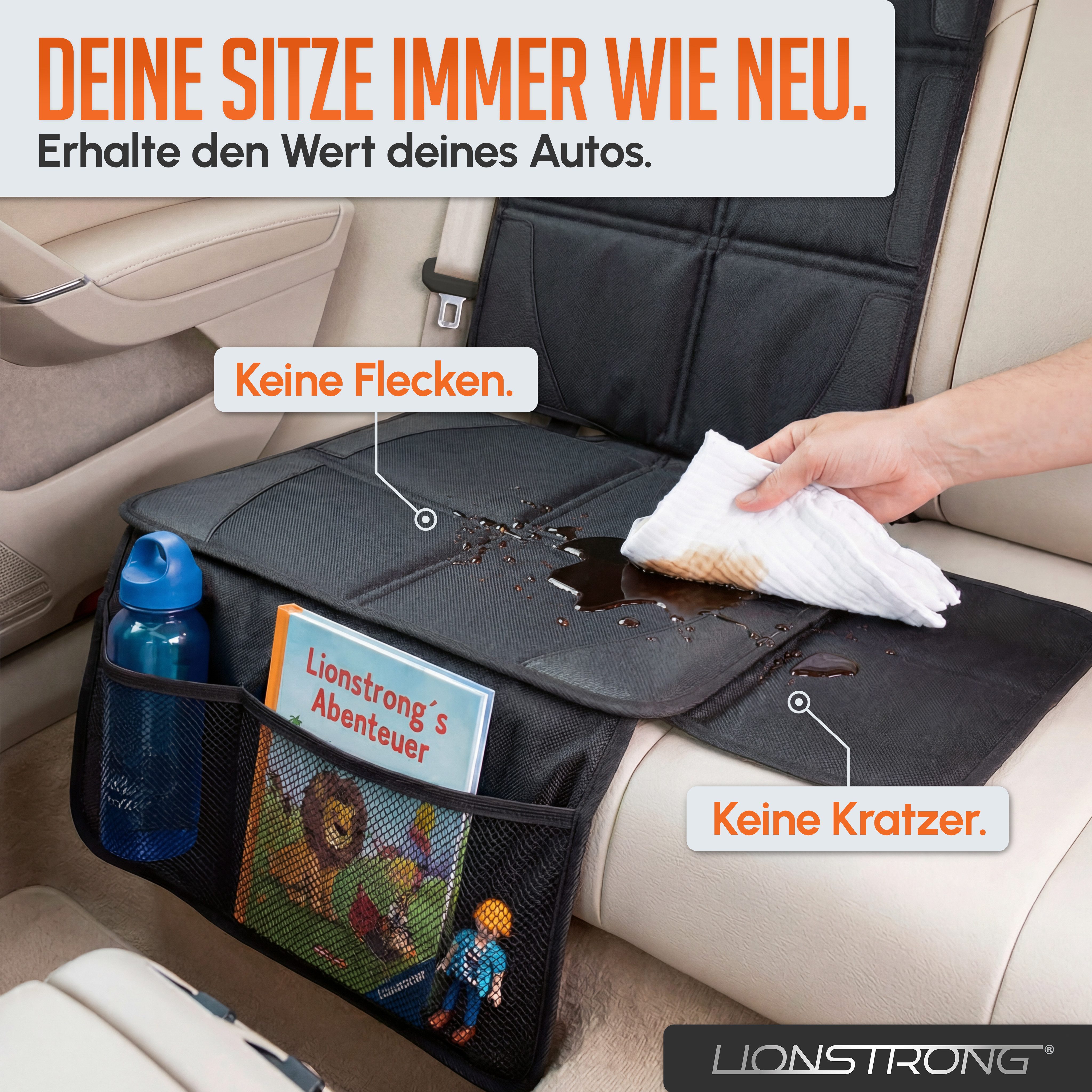 LIONSTRONG Kindersitzunterlage Premium, Autositzschoner [ISOFIX GEEIGNET], wasserabweisender Polyester Stoff, Sitzschutz Sitzschoner Auto Kindersitz - universell kompatibel