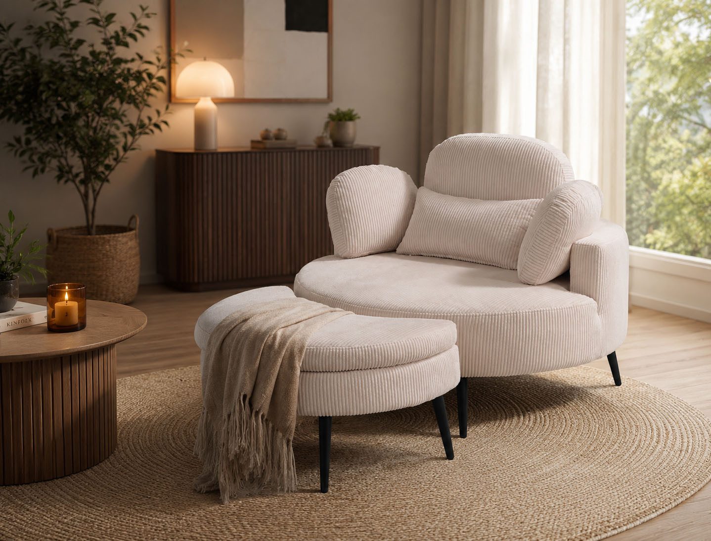 OTTO home Loveseat Riko Sessel, B: 110 cm, Sitzhöhe: 44 cm, XXL- Sessel, mit Stauraumhocker, Rückenstütze & 4 Zierkissen