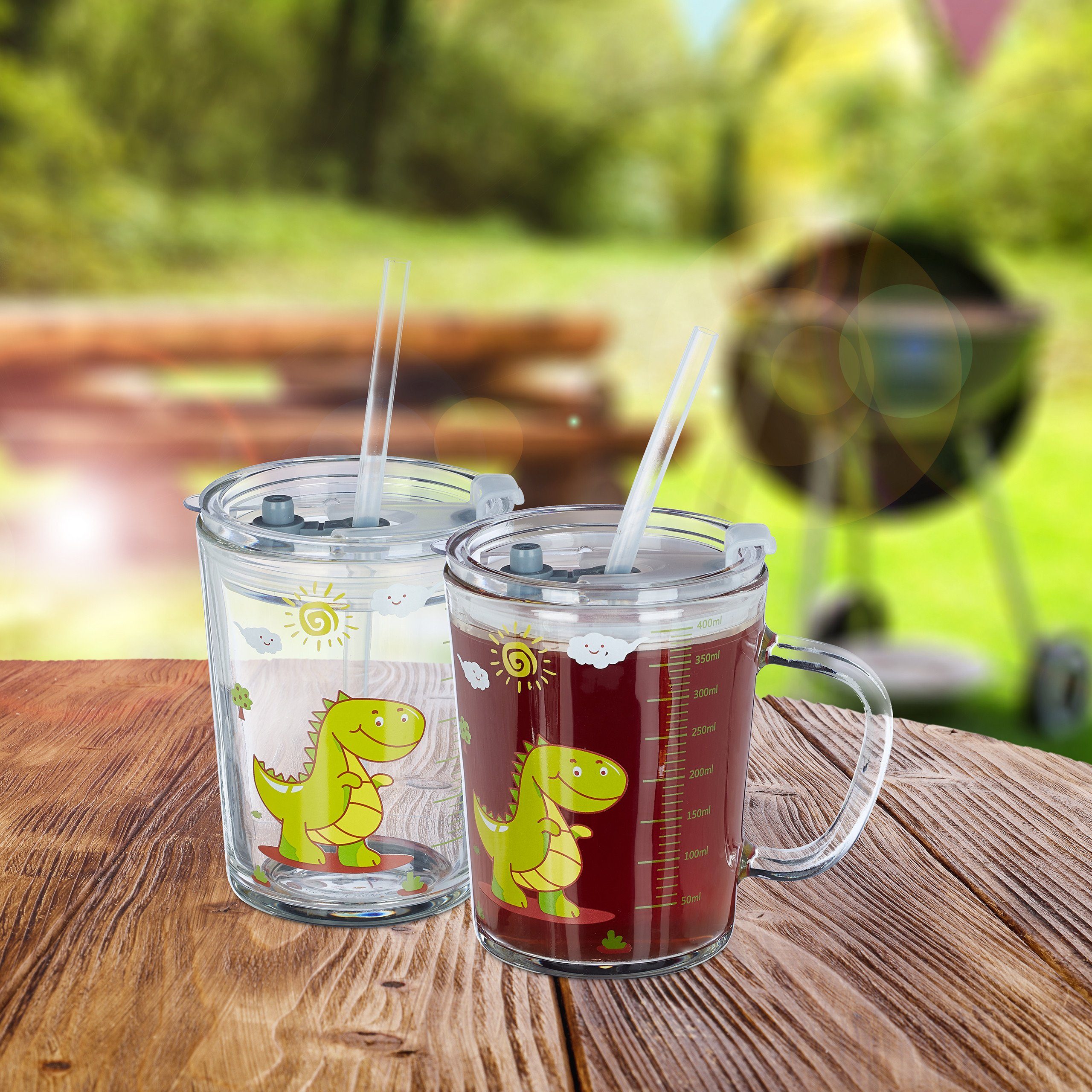 relaxdays Kinderbecher Trinkglas Kinder Dino 2er Set, Glas