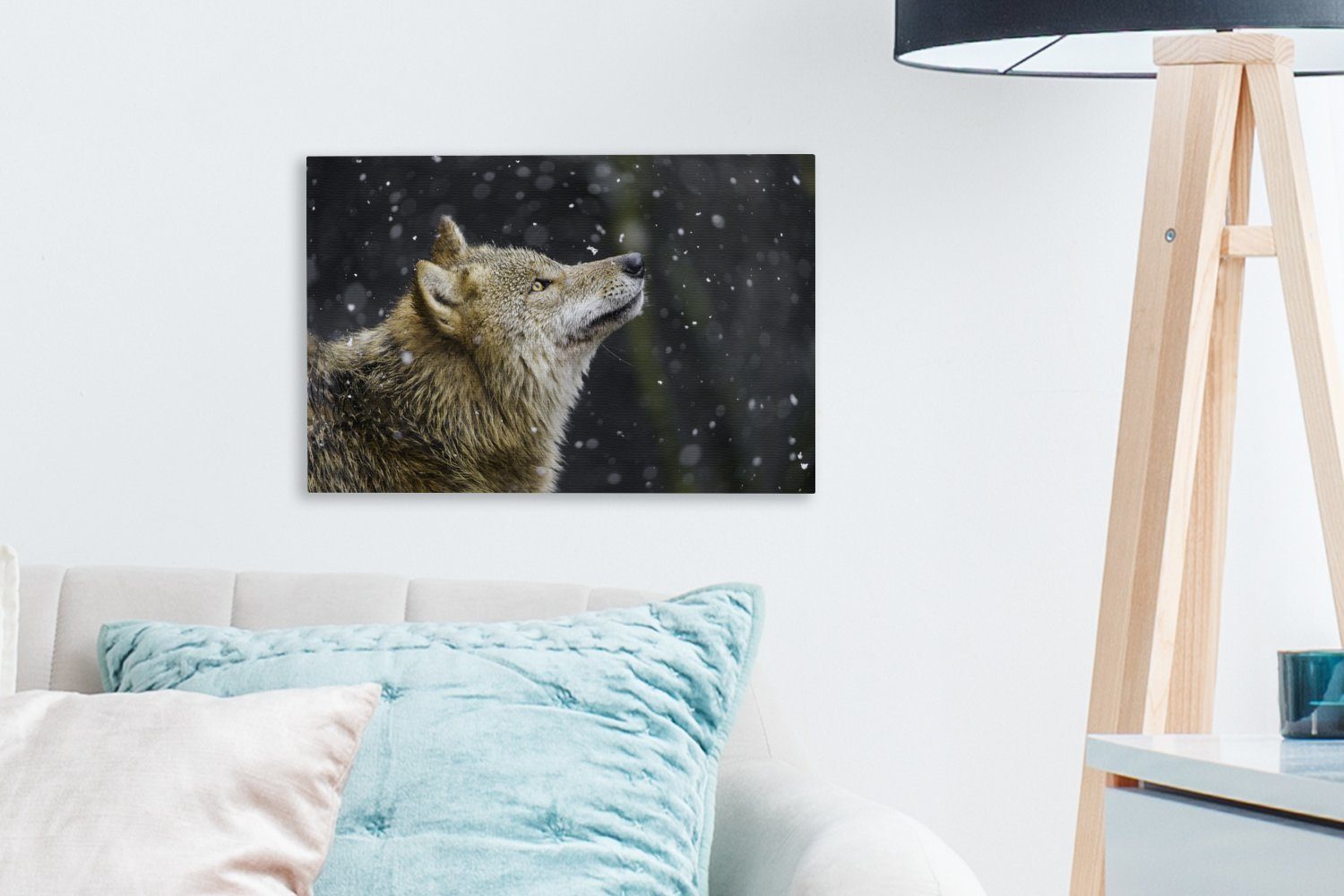 Schnee Wanddeko, Aufhängefertig, (1 Braun, St), cm Leinwandbild Wandbild Wolf - - OneMillionCanvasses® 30x20 Leinwandbilder,