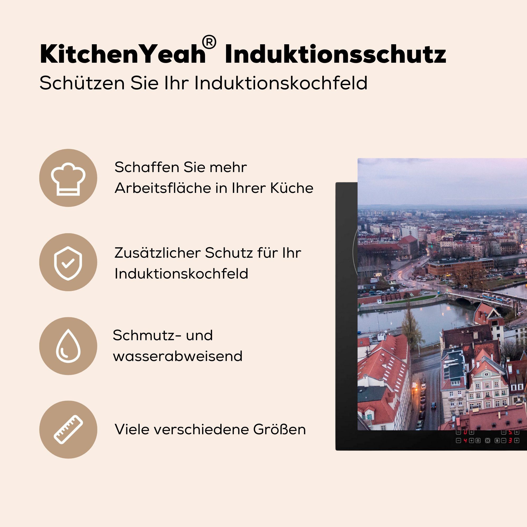 Induktionskochfeld die Vinyl, Herdblende-/Abdeckplatte küche, Dächer tlg), (1 rote Stadt Ceranfeldabdeckung MuchoWow polnischen für in Schutz cm, 81x52 Wrocław, der Prächtige